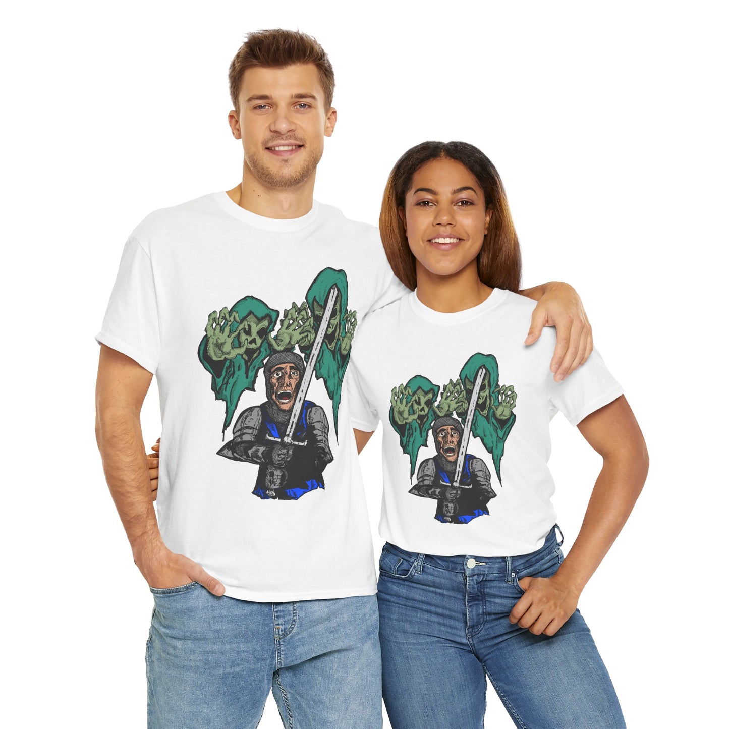 Unisex Heavy Cotton Tee - Knight with Sword Graphic - Casual Streetwear