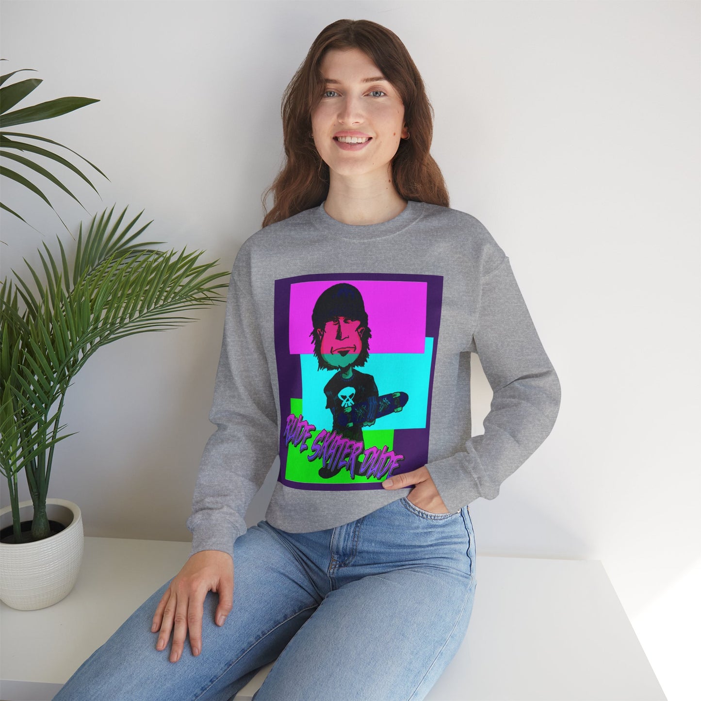Crewneck Sweatshirt — Retro Neon Skate Punk "Rude Skater Dude" Graphic