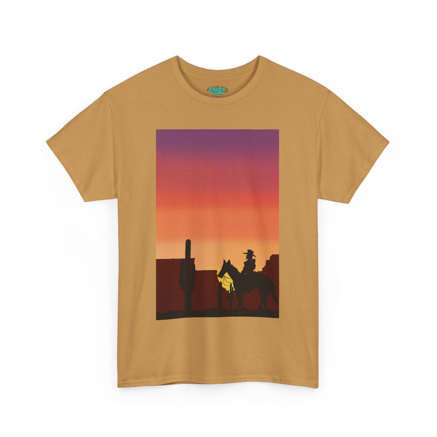 Sunset Cowboy Unisex Heavy Cotton Tee - Western Graphic Tee for Nature Lovers