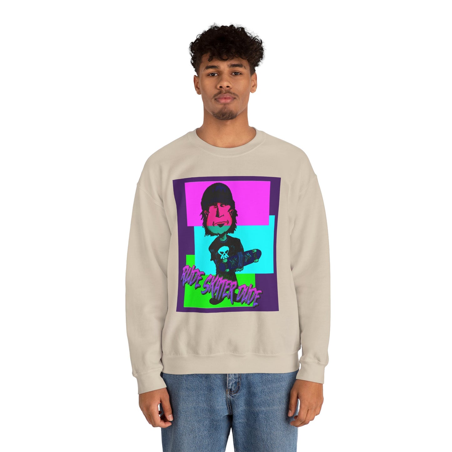 Crewneck Sweatshirt — Retro Neon Skate Punk "Rude Skater Dude" Graphic