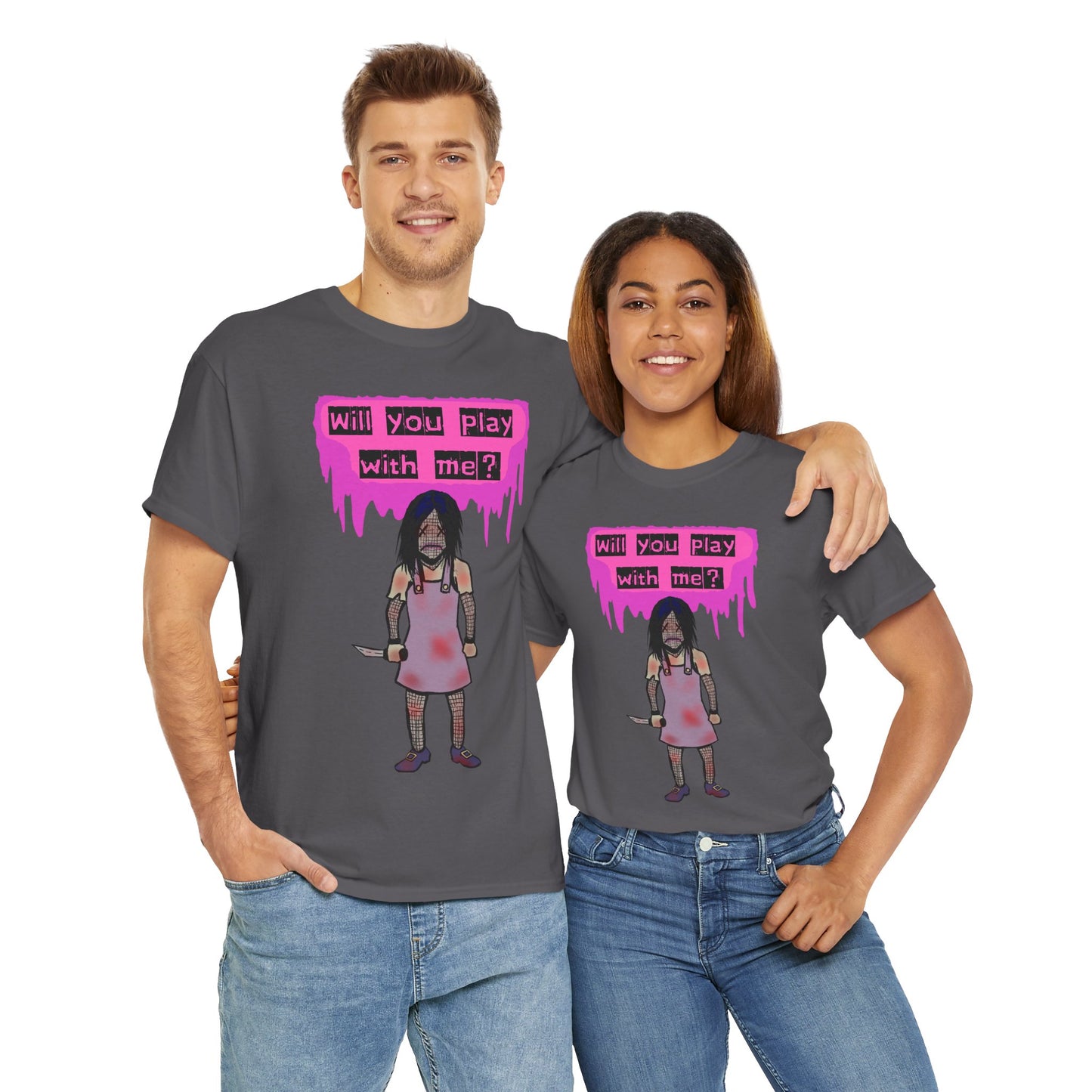 Playful Evil Doll Horror Graphic Tee, Unisex Heavy Cotton Shirt, Casual Wear, Unique Gift, Halloween Costume, Quirky Fashion