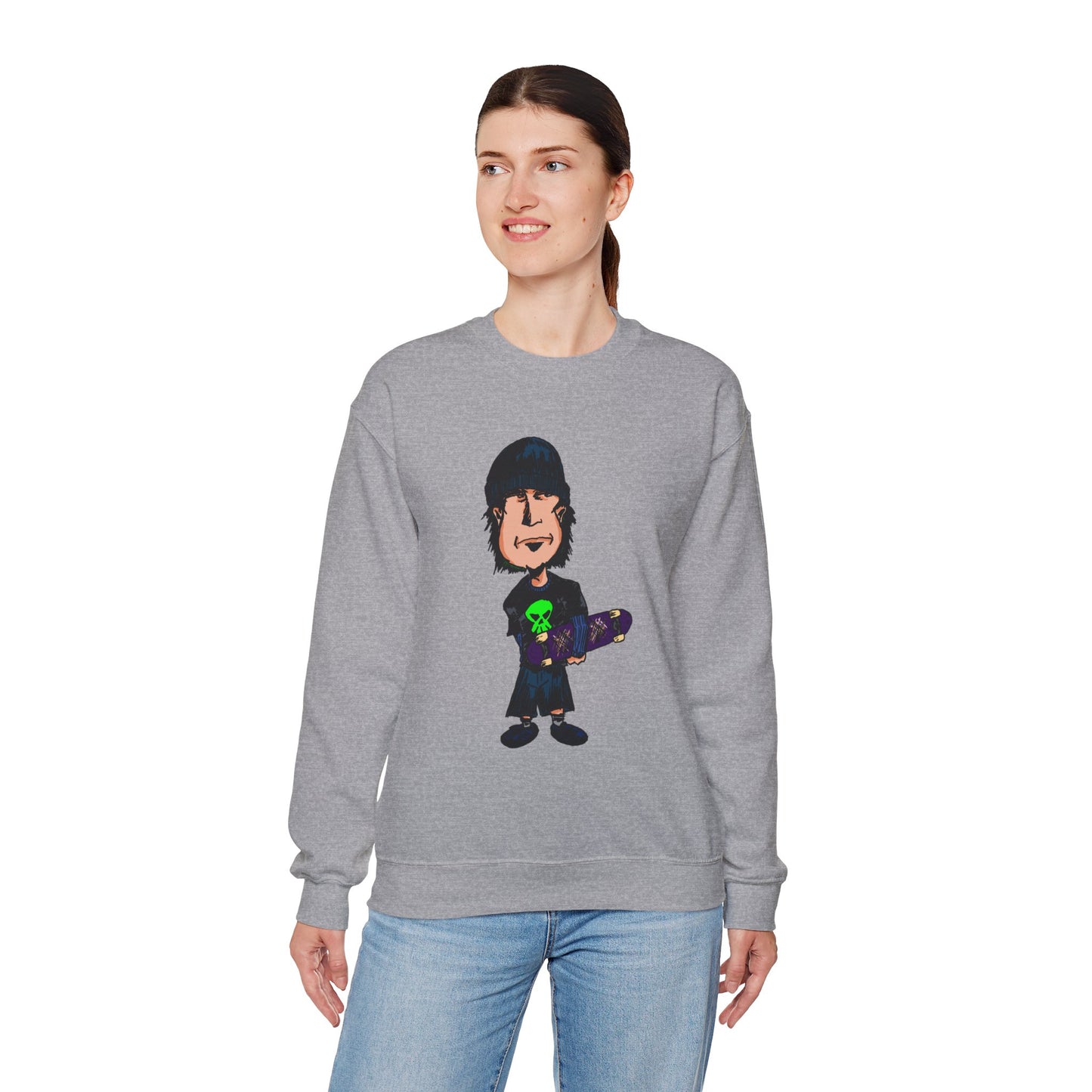 Rude Skater Dude - Cartoon Skate Punk Crewneck Sweatshirt — Retro Skateboard Character Graphic