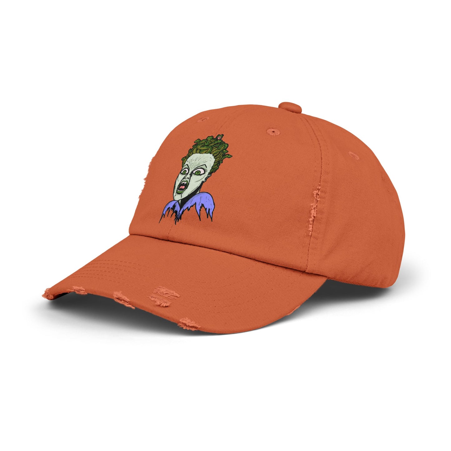 Medusa Unisex Distressed Cap with Eerie Design, Casual Hat, Halloween Accessory, Statement Cap, Gift for Horror Fans, Trendy Distressed Hat
