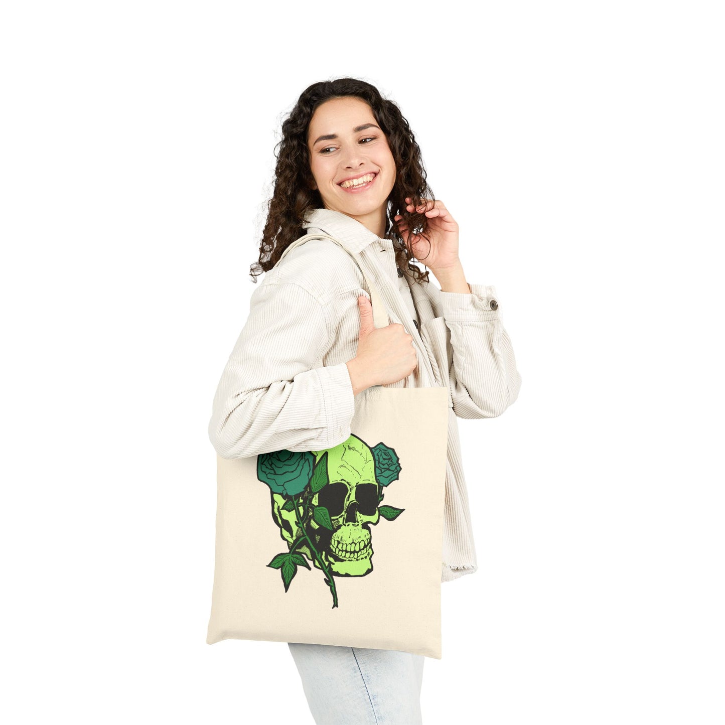 Green Skull & Roses Cotton Canvas Tote — Gothic Floral Reusable Bag
