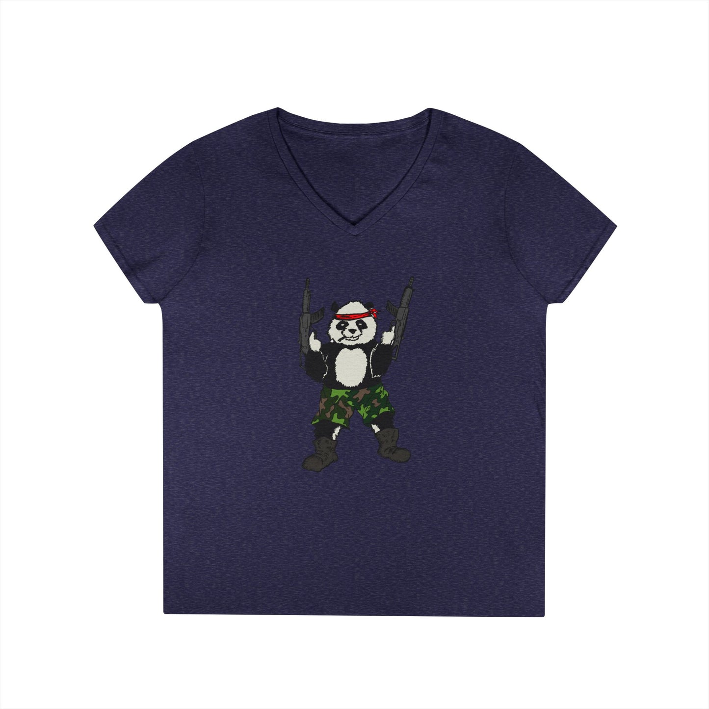 Ladies' V-Neck T-Shirt - Cool Panda with Guns Graphic Tee