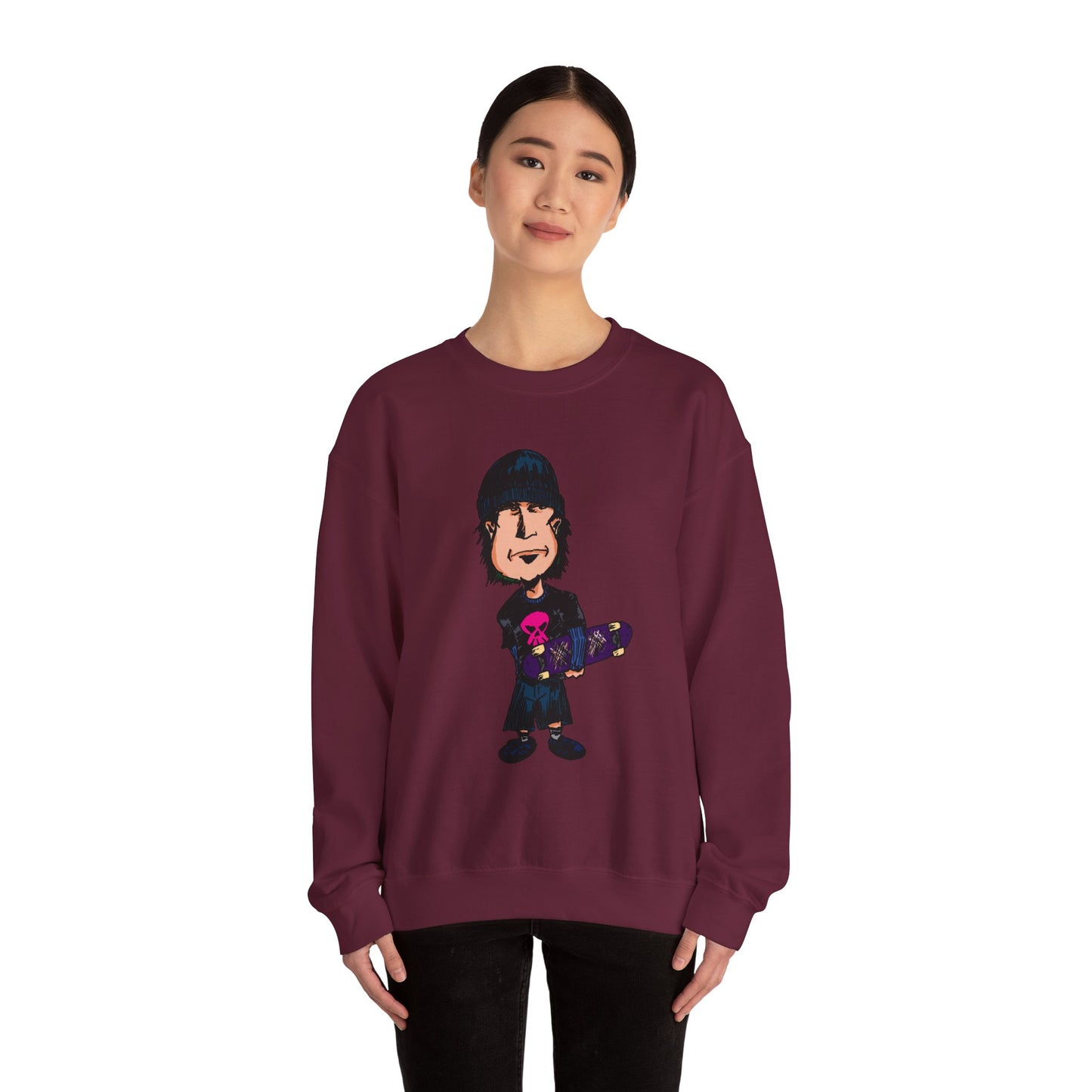 Rude Skater Dude - Skate Punk - Cartoon Skater Crewneck Sweatshirt – Cute Skateboarder Graphic Pullover