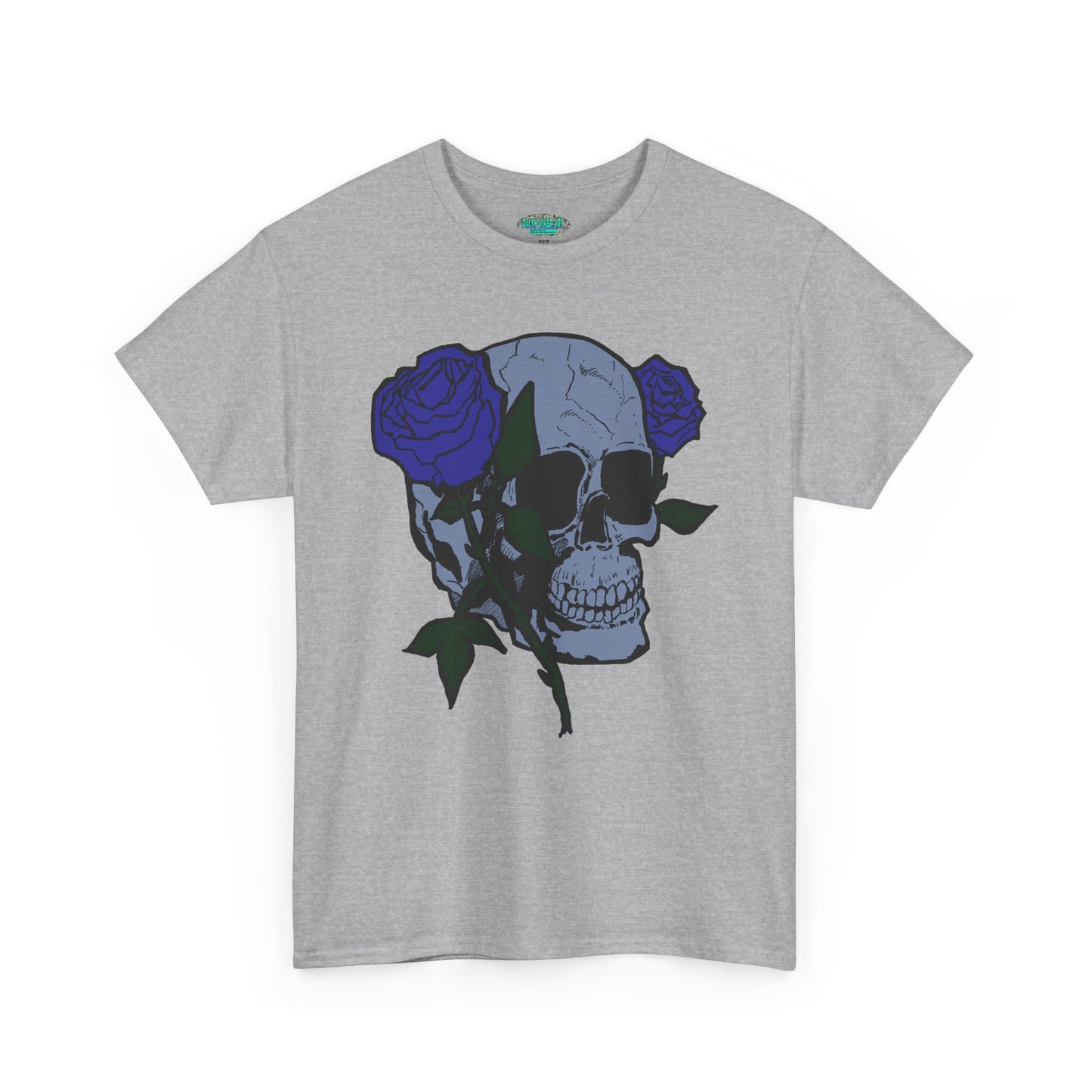 Unisex Heavy Cotton Tee with Skull and Rose Design - Edgy Streetwear Top