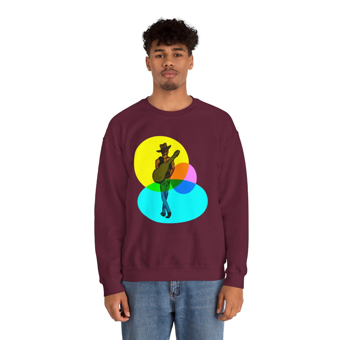 Cowboy Guitarist Graphic Sweatshirt — Retro Color Spot Music Pullover