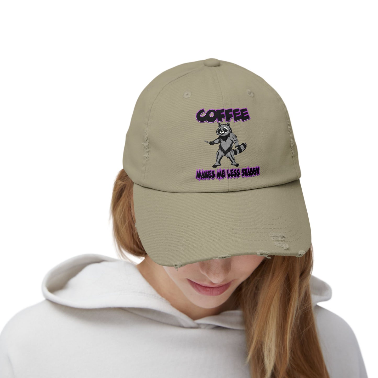 Funny Unisex Distressed Cap - "Coffee Makes Me Less Stabby" - Grumpy Raccoon