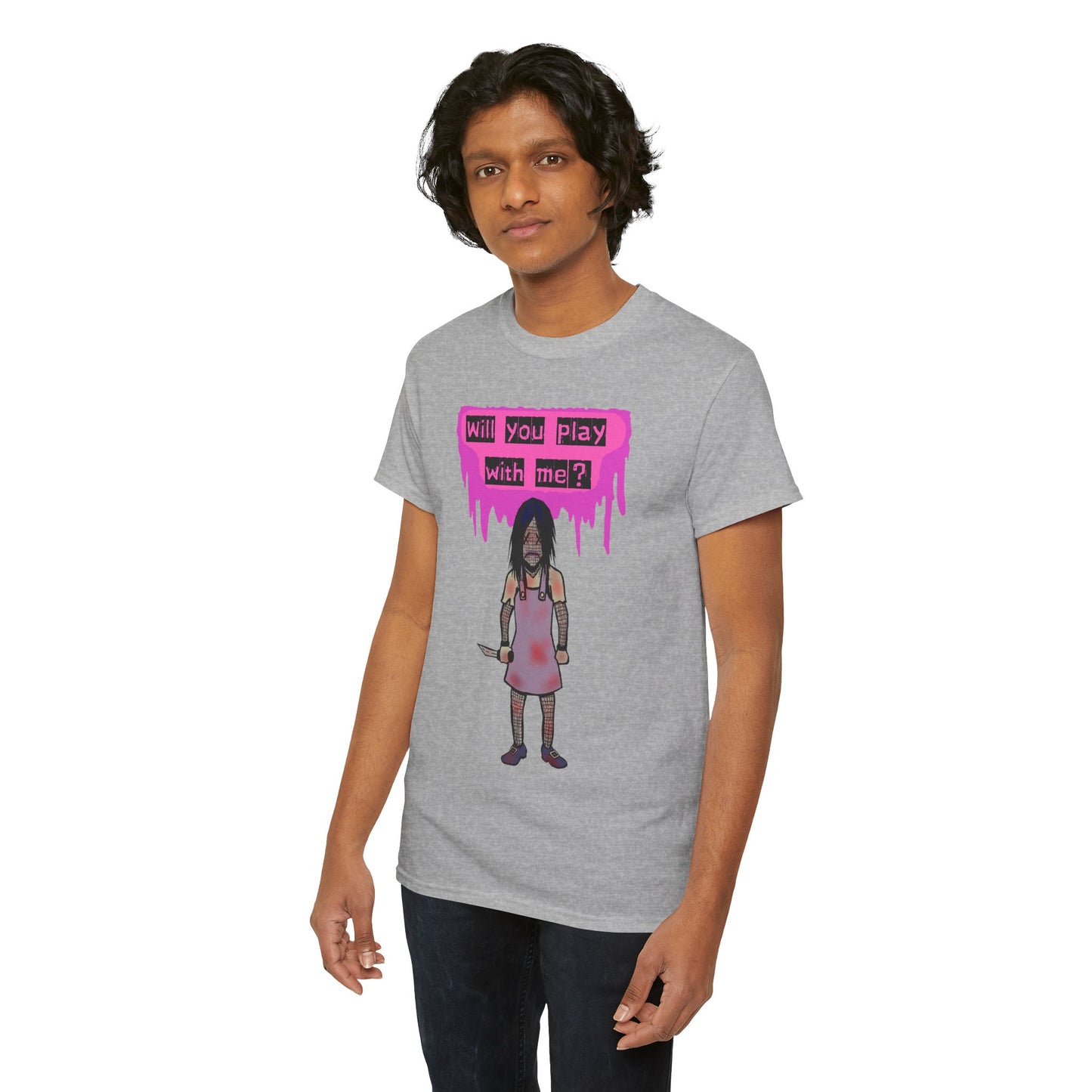 Playful Evil Doll Horror Graphic Tee, Unisex Heavy Cotton Shirt, Casual Wear, Unique Gift, Halloween Costume, Quirky Fashion