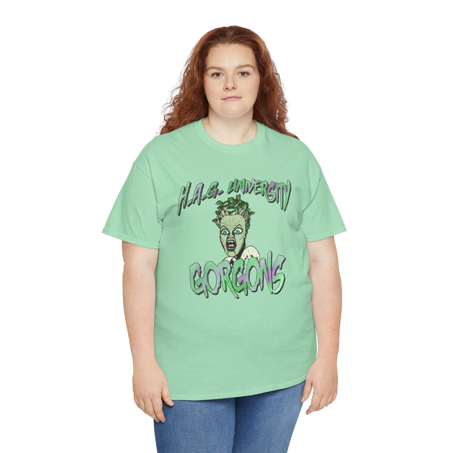 H.A.G. University Gorgons Unisex Heavy Cotton Tee - Spooky & Fun Graphic T-Shirt