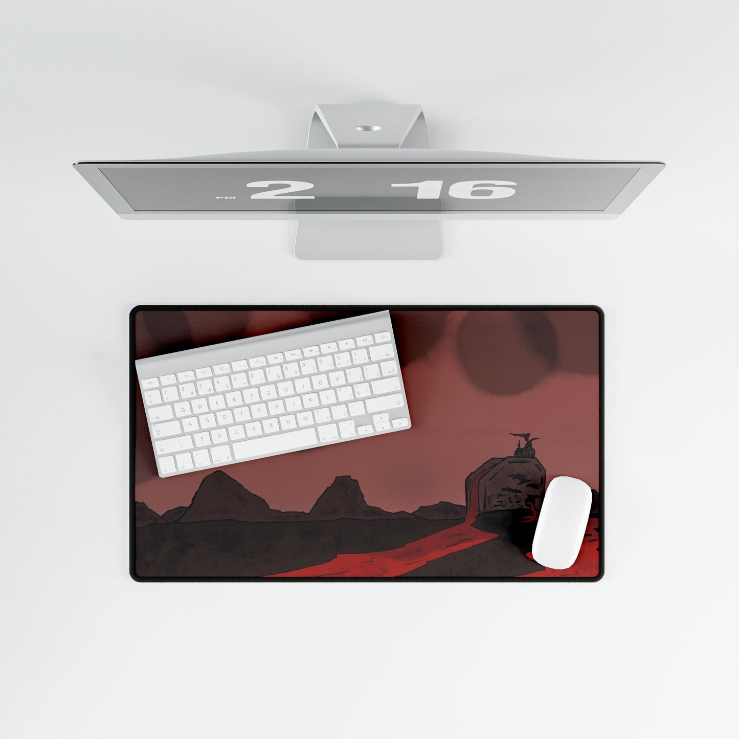 Lone Watcher Lava Desk Mat and Card Playing Mat — Red Alien Landscape Gaming Mouse Pad