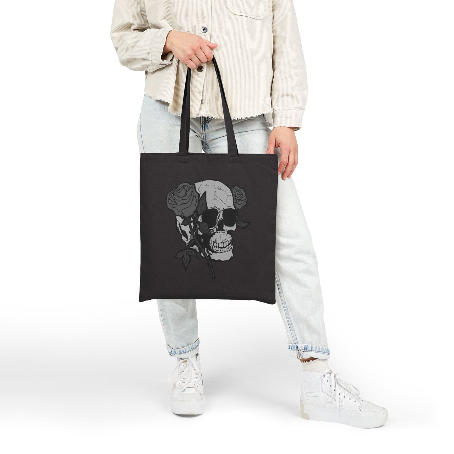 Skull with Roses Canvas Tote Bag — Gothic Floral Reusable Market Bag