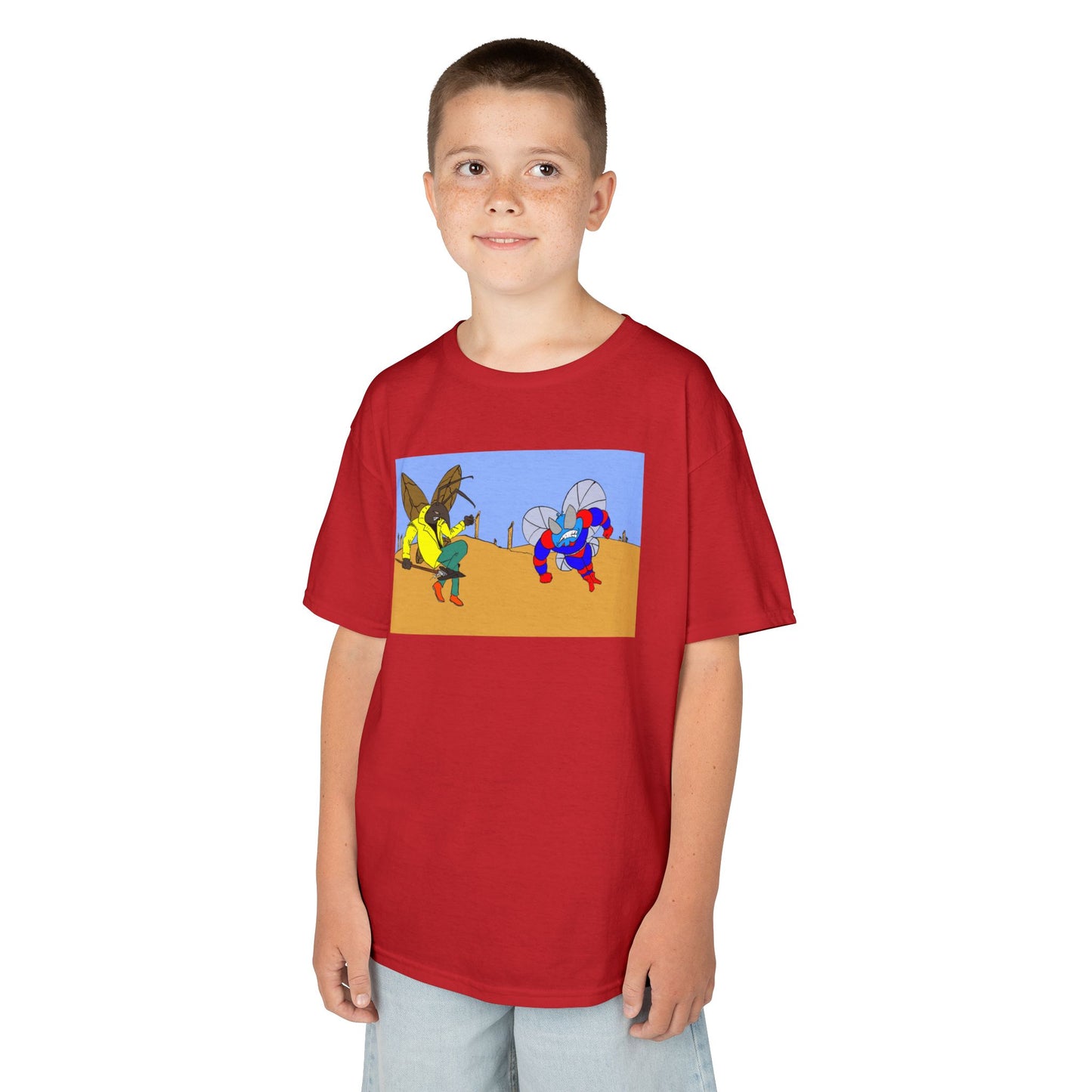 Astro-Fly and Wasp Warrior Kids Tee — Colorful Desert Beetle Cartoon Illustration