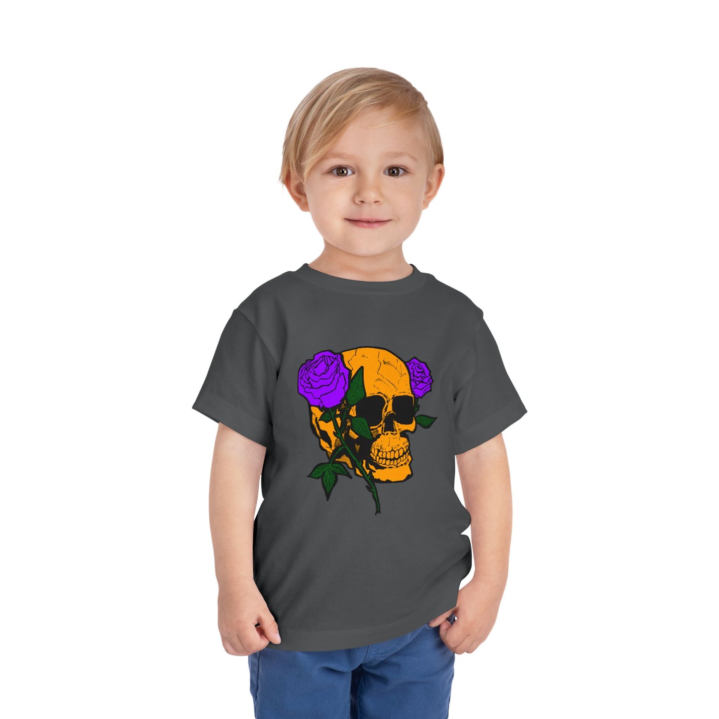 Toddler Tee — Orange Skull with Purple Roses Graphic