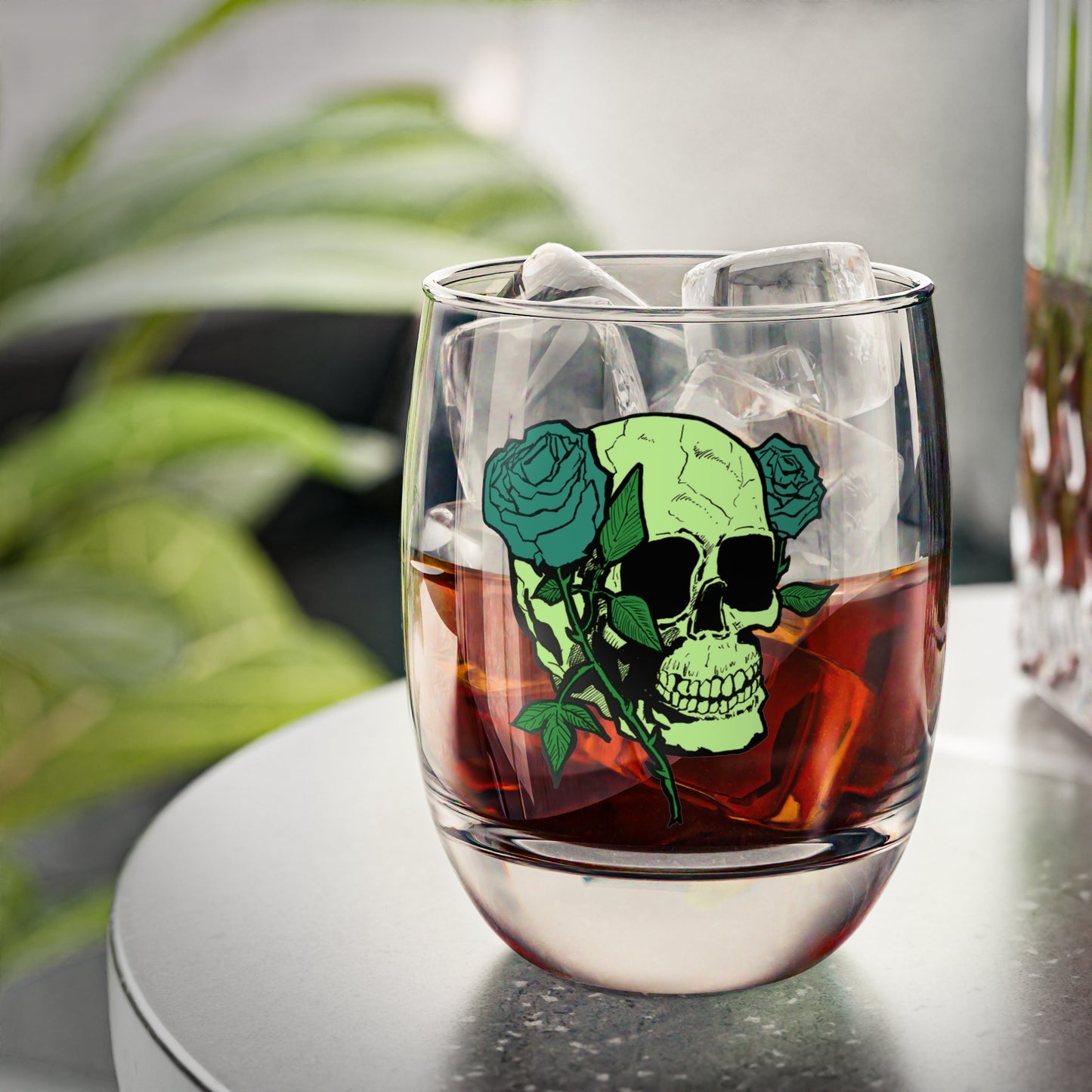 Decorative Skull and Rose(greens) Whiskey Glass - Unique Barware Gift