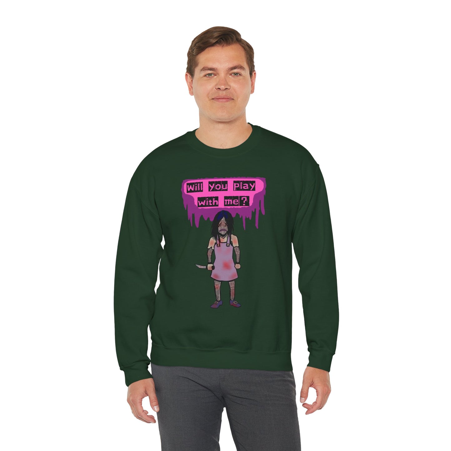 Evil Doll GHOSTLY VINTAGE UNISEX CREWNECK SWEATSHIRT - "Will You Play With Me?"