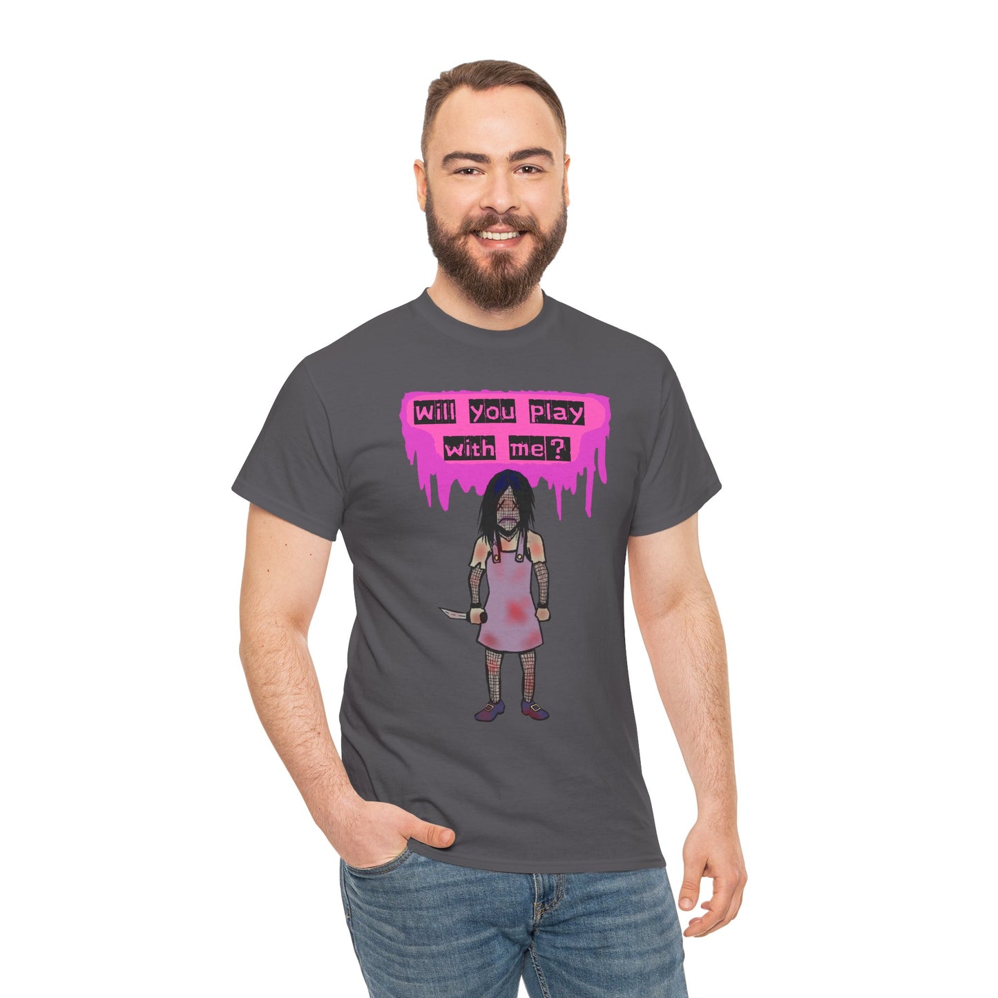 Playful Evil Doll Horror Graphic Tee, Unisex Heavy Cotton Shirt, Casual Wear, Unique Gift, Halloween Costume, Quirky Fashion