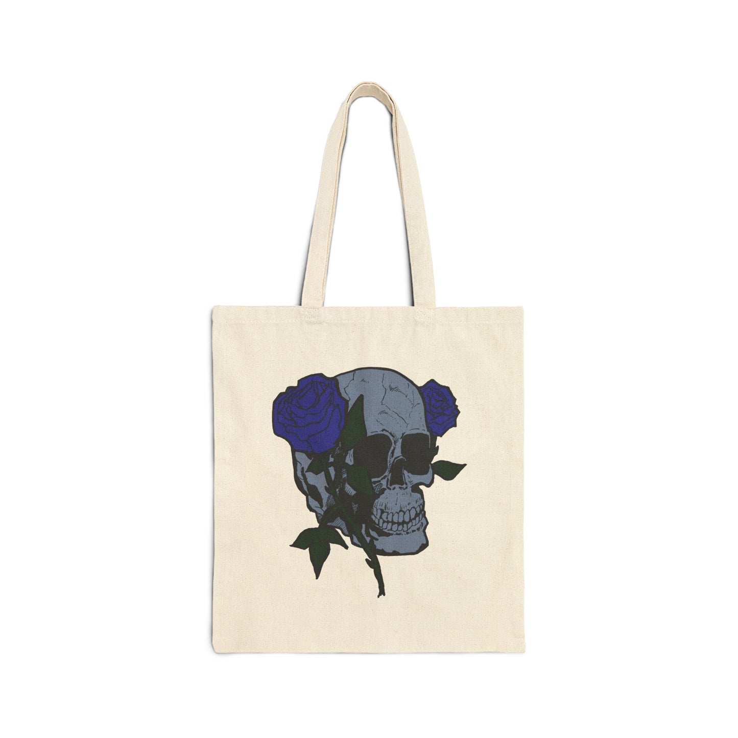 Skull with Blue Roses Cotton Tote Bag – Gothic Floral Canvas Shopper