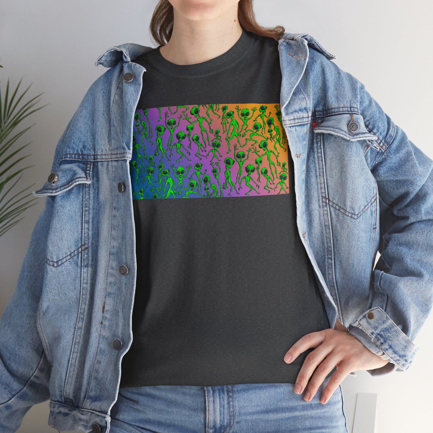 Alien Dance Party Gradient Tee — Colorful Psychedelic Green Aliens Art T-Shirt