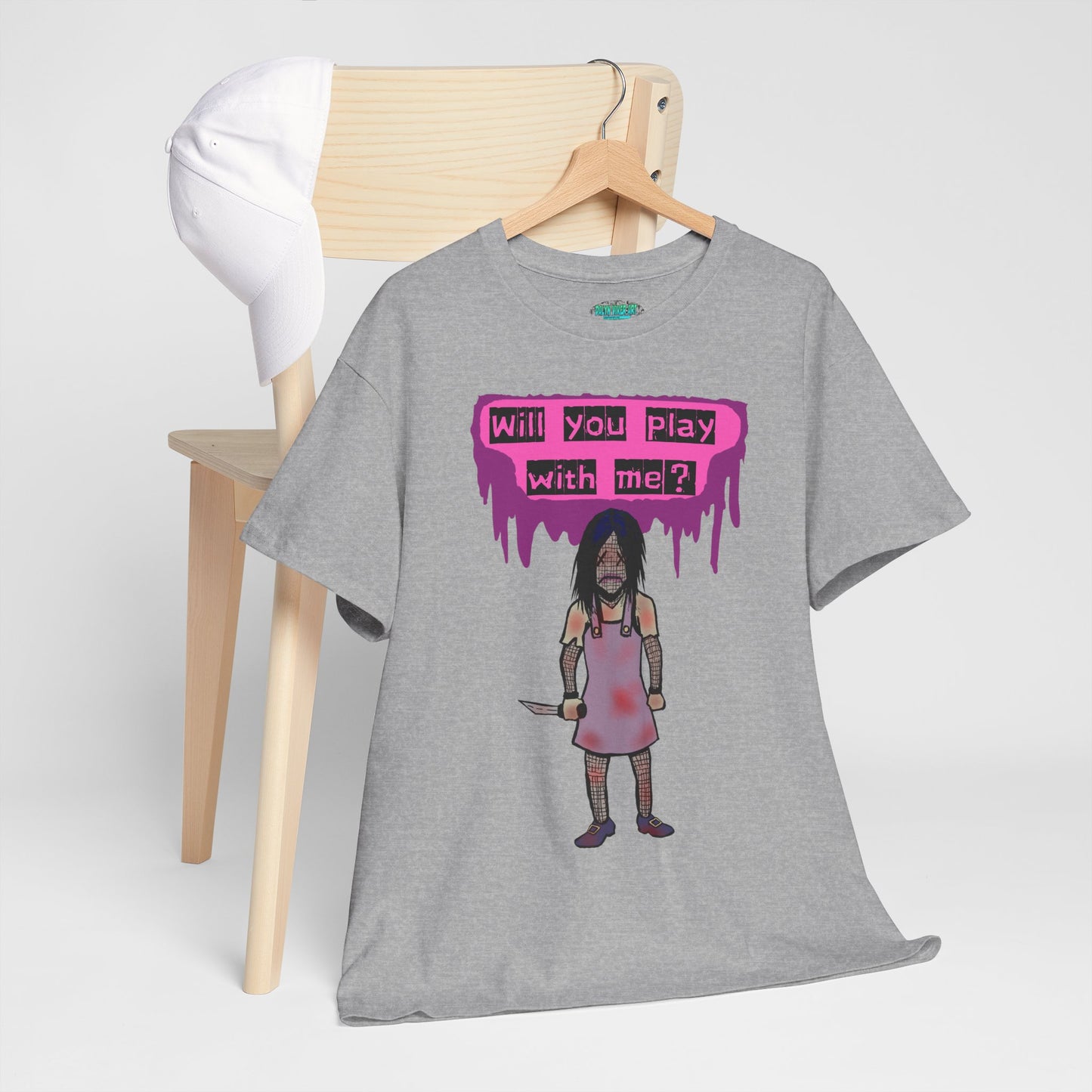 Chilling Evil Doll Horror Tee, Horror T-Shirt, Grey Tee, Unique Graphic Tee, Unisex Tee, Playful Scary Top, Halloween Shirt