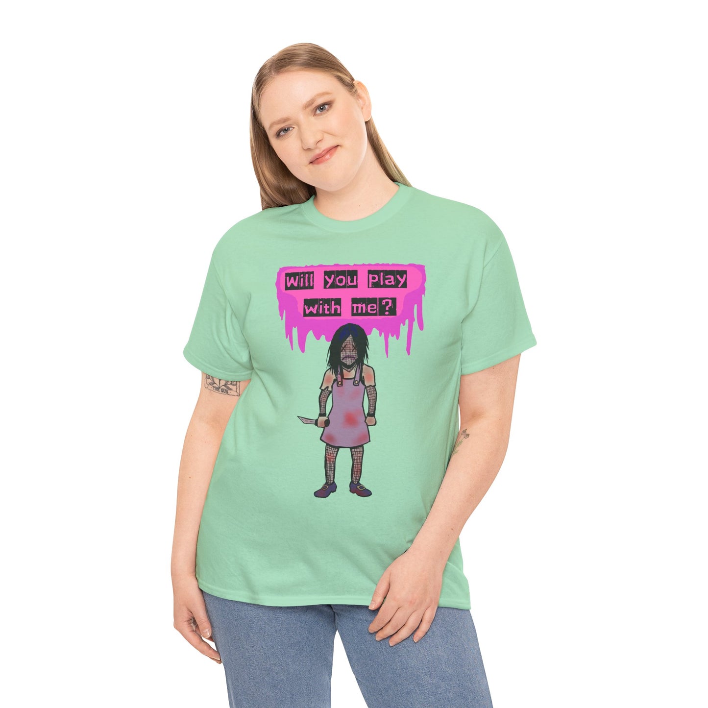 Playful Evil Doll Horror Graphic Tee, Unisex Heavy Cotton Shirt, Casual Wear, Unique Gift, Halloween Costume, Quirky Fashion