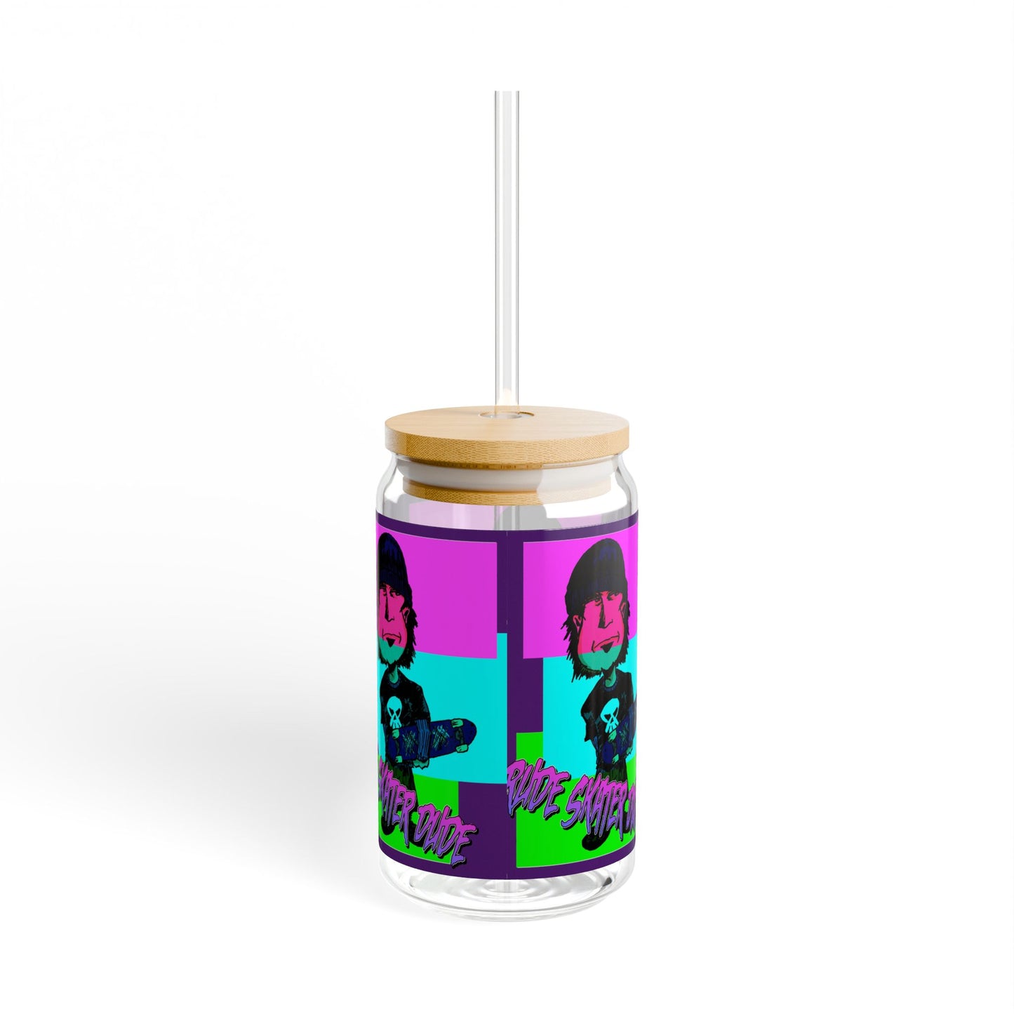 16oz Sipper Glass — Rude Skater Dude Retro Punk Skull Pop Art Drink Tumbler