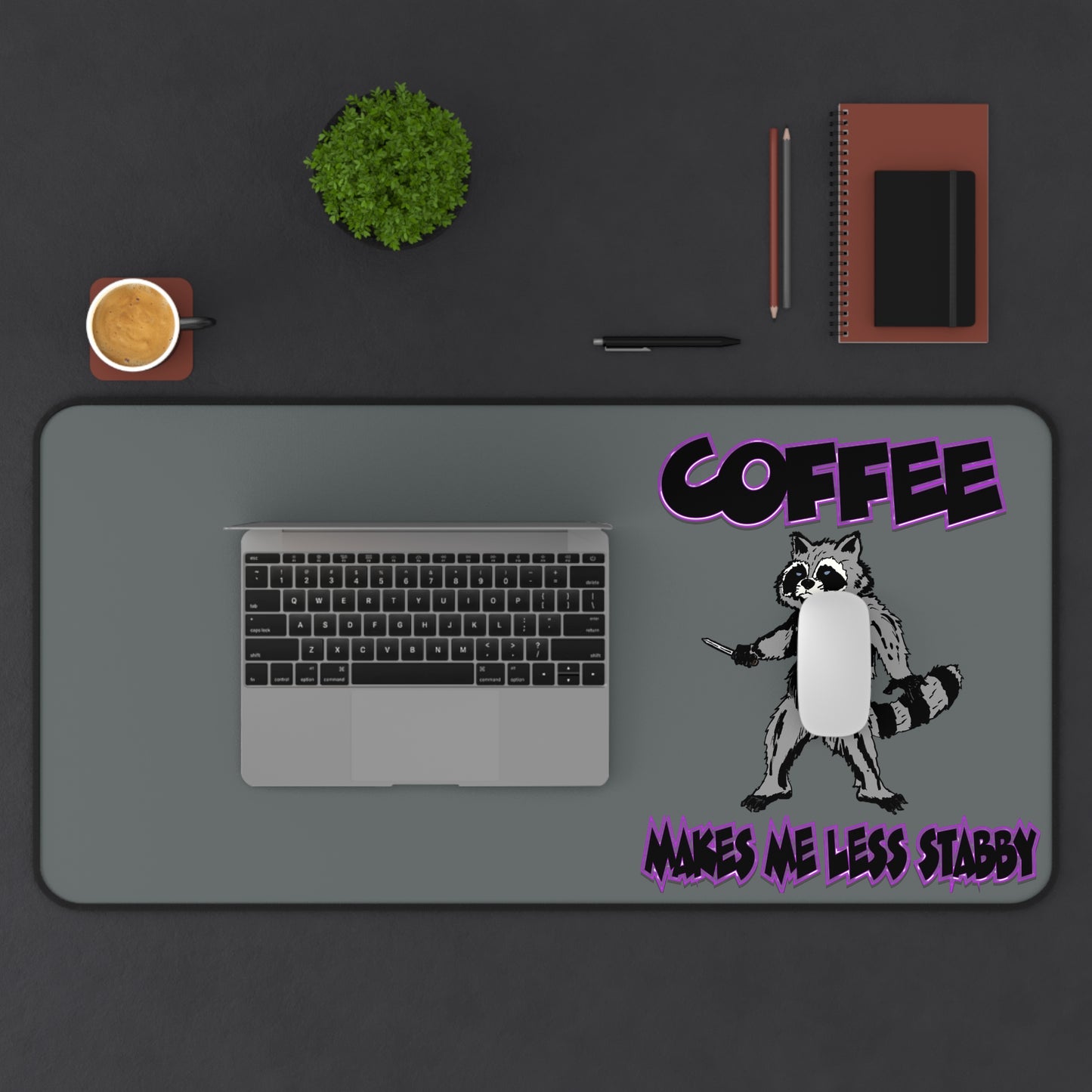 Coffee-Themed Desk Mat - Cute Raccoon Design, Funny Office Decor, Gift for Coffee Lovers, Home Office Accessory, Cute Workstation Mat