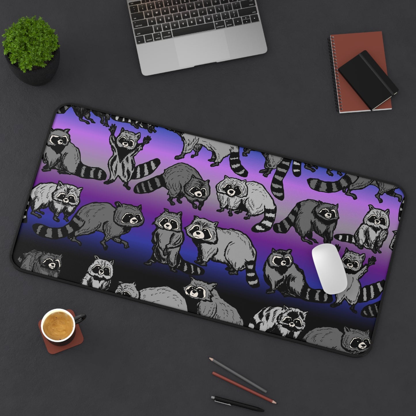 Raccoon Pattern Gradient Desk Mat — Cute Nighttime Animal Mouse Pad