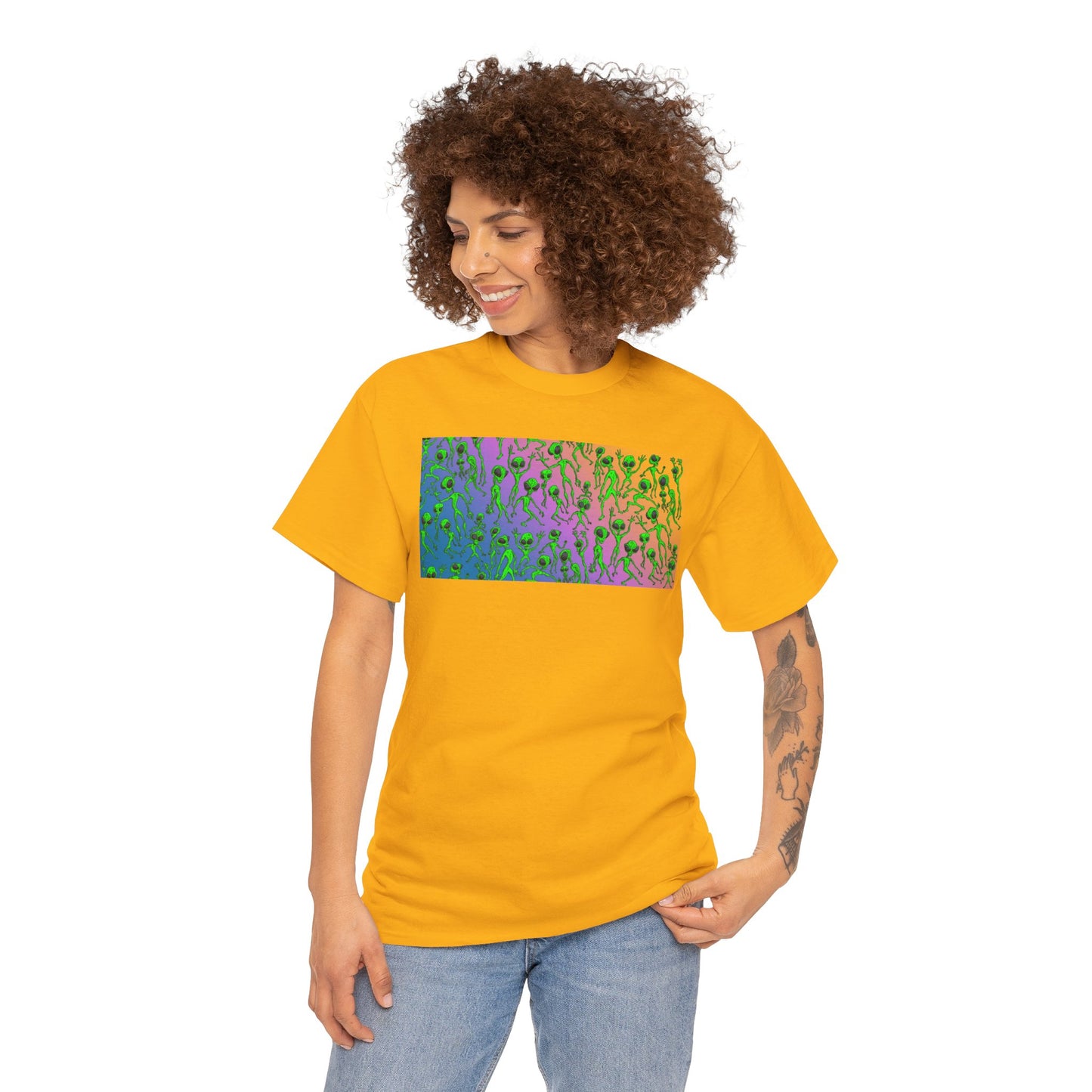 Alien Dance Party Gradient Tee — Colorful Psychedelic Green Aliens Art T-Shirt