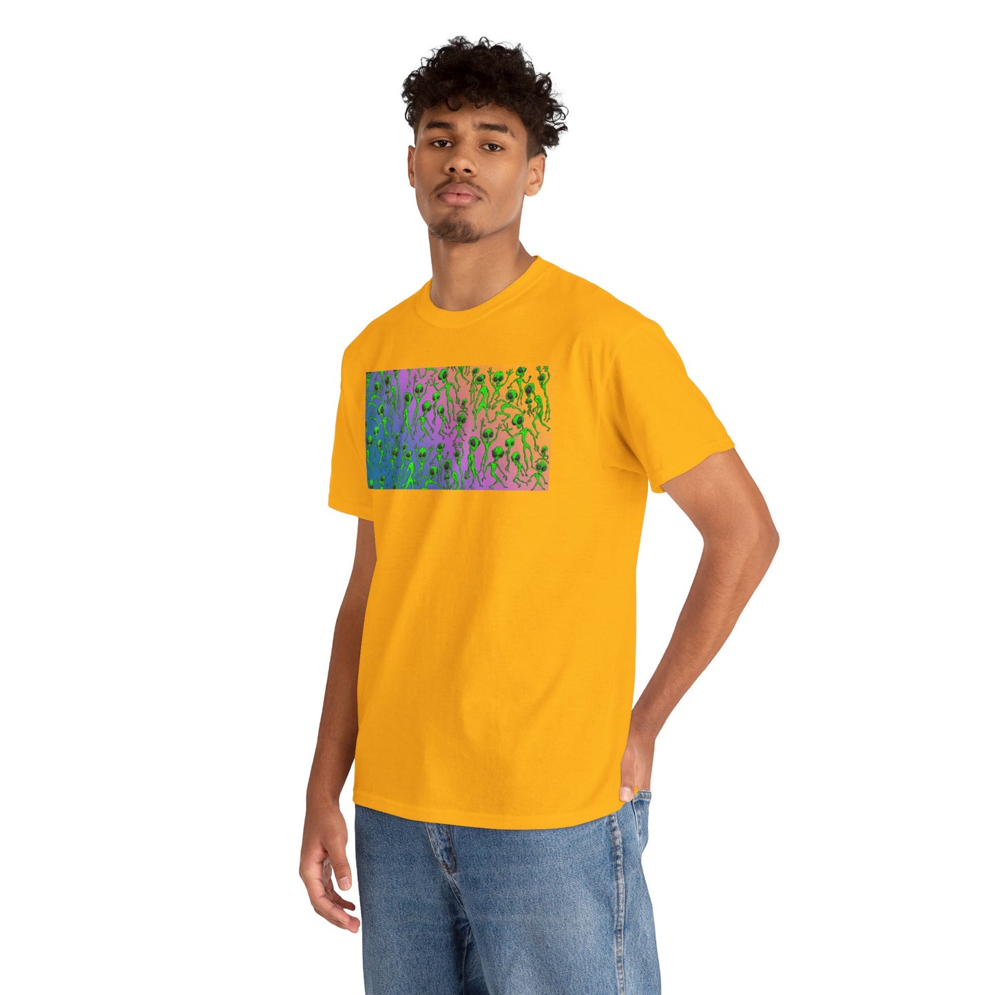 Alien Dance Party Gradient Tee — Colorful Psychedelic Green Aliens Art T-Shirt