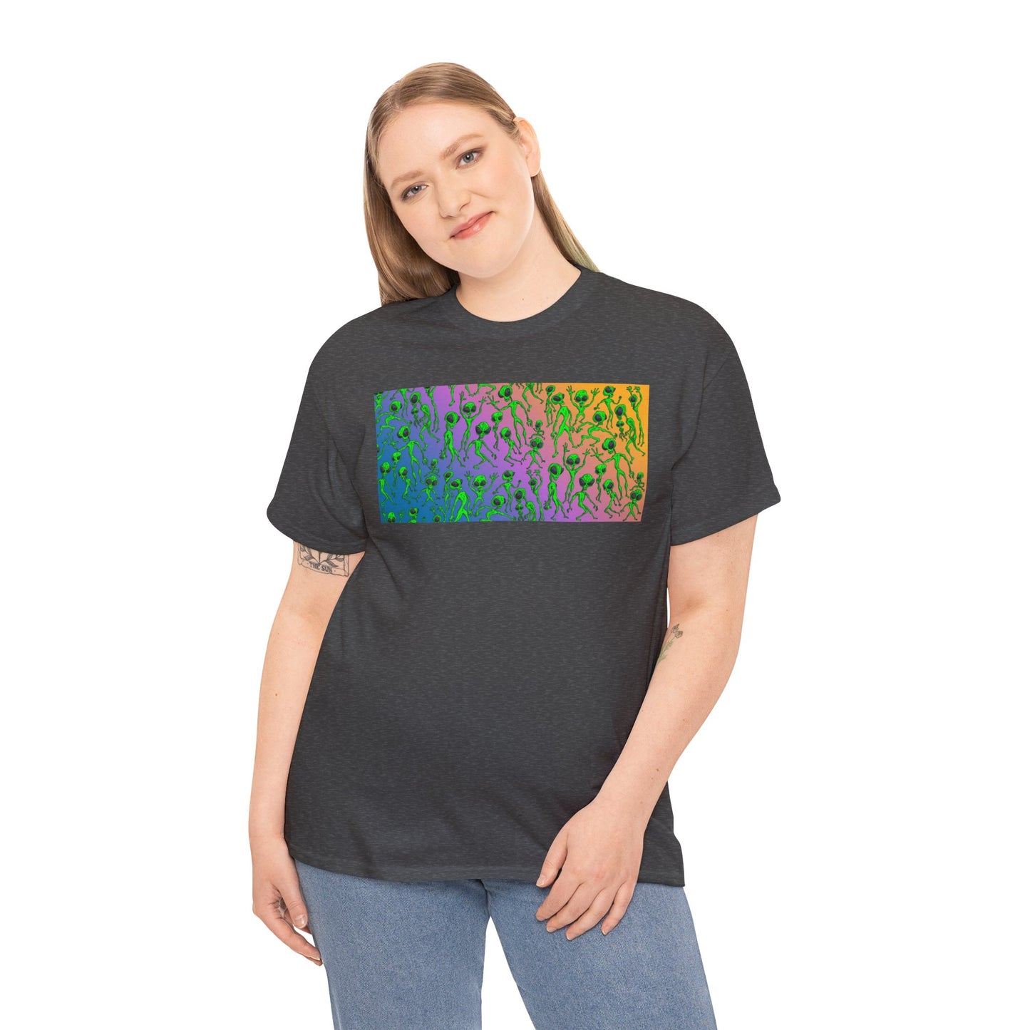 Alien Dance Party Gradient Tee — Colorful Psychedelic Green Aliens Art T-Shirt