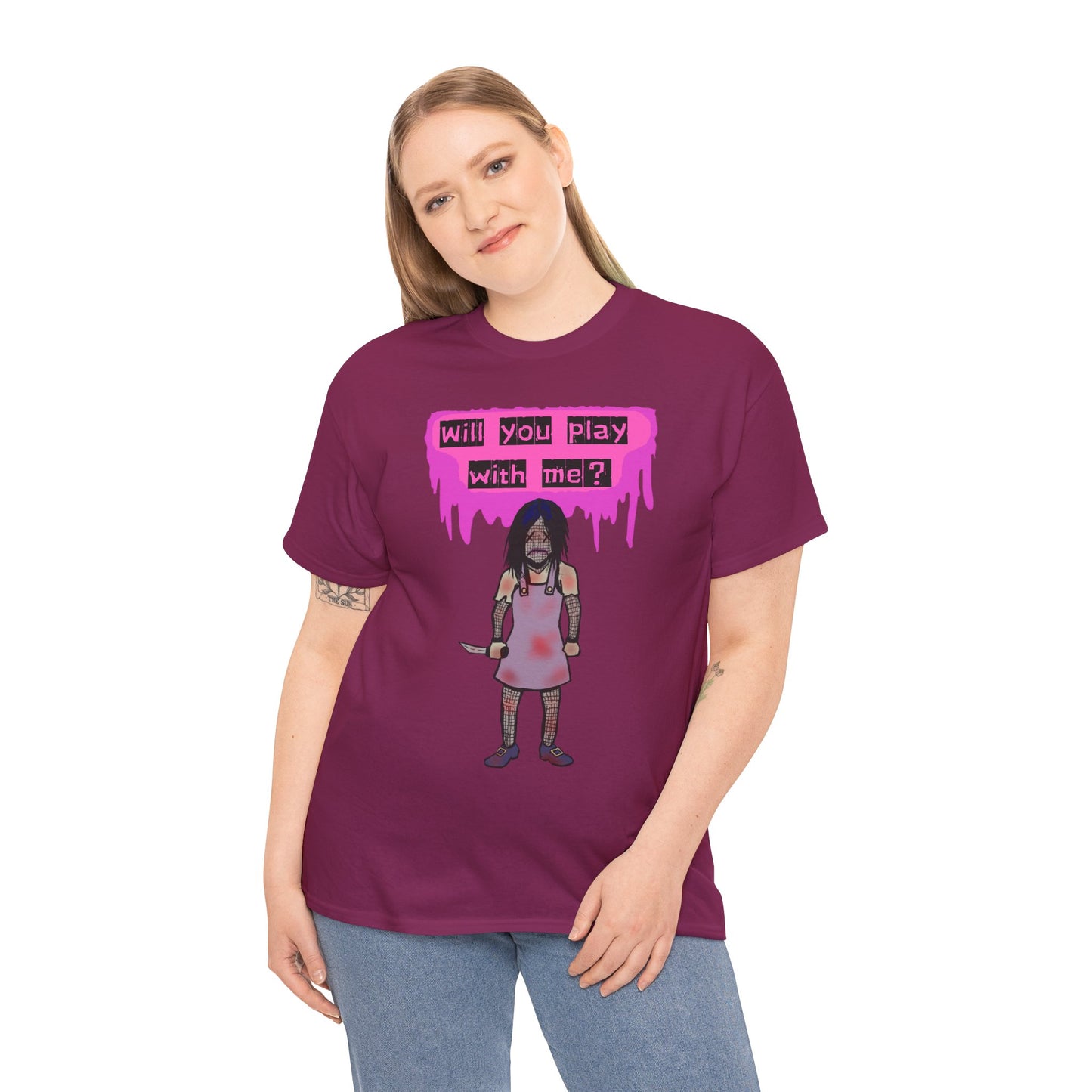 Playful Evil Doll Horror Graphic Tee, Unisex Heavy Cotton Shirt, Casual Wear, Unique Gift, Halloween Costume, Quirky Fashion