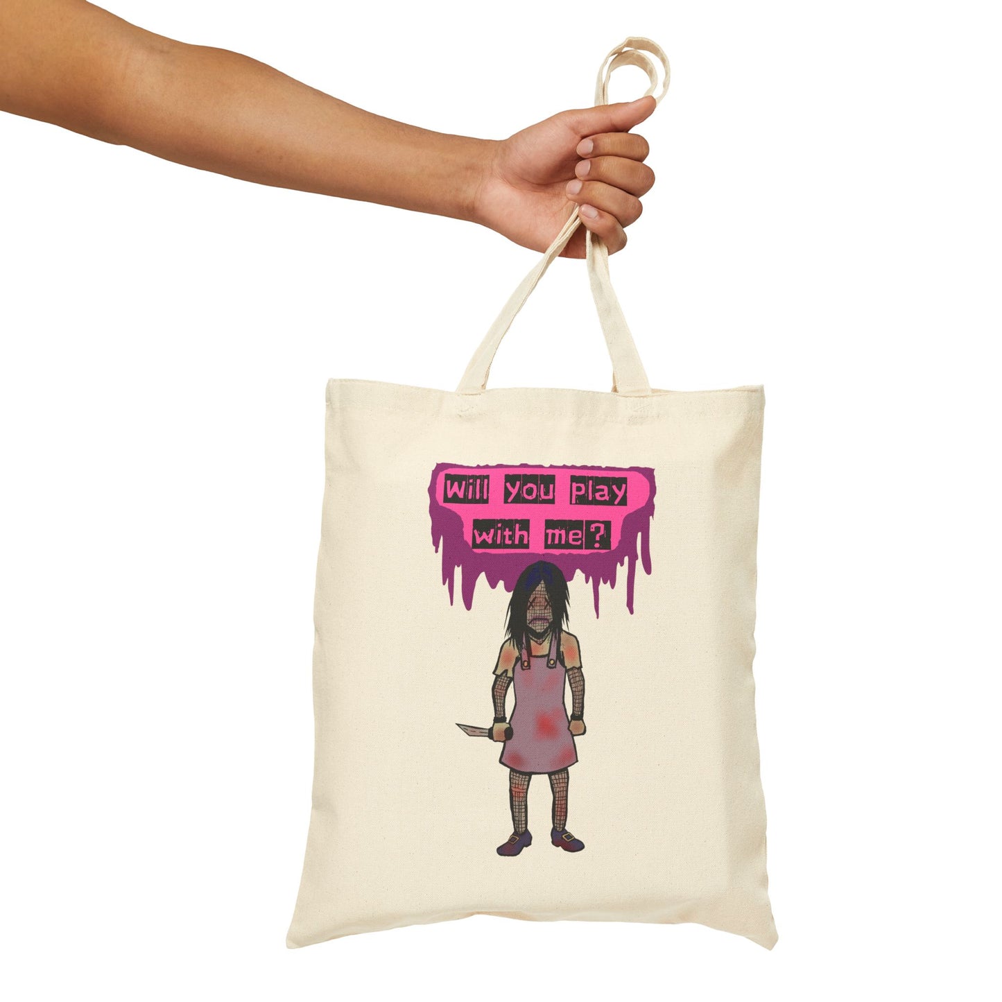Tote Bag — 'Will You Play With Me?' Horror Creepy Doll Canvas Tote