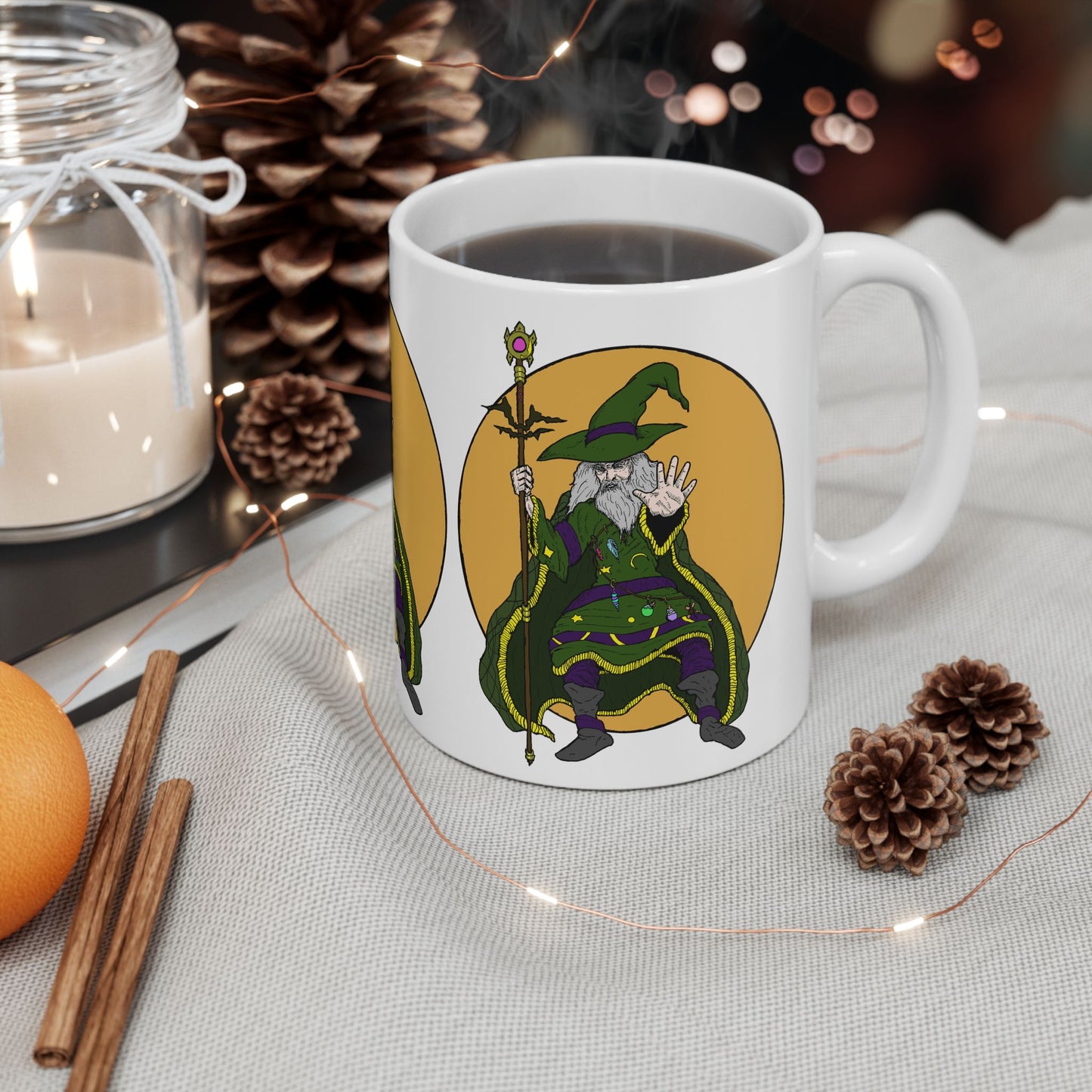 Wizard Holding a Magical Staff Ceramic Mug, (11oz)