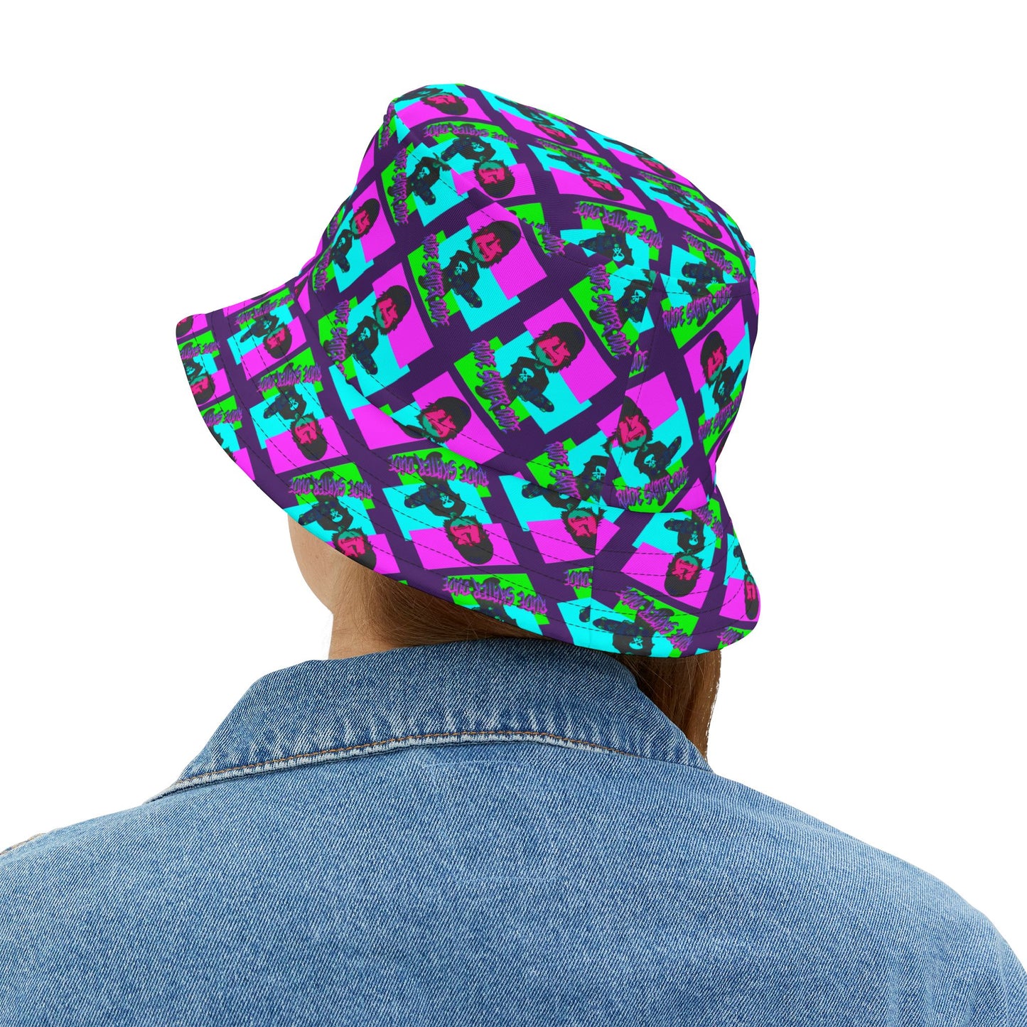 Rude Skater Dude Bucket Hat — Neon Pop Checkerboard Pattern
