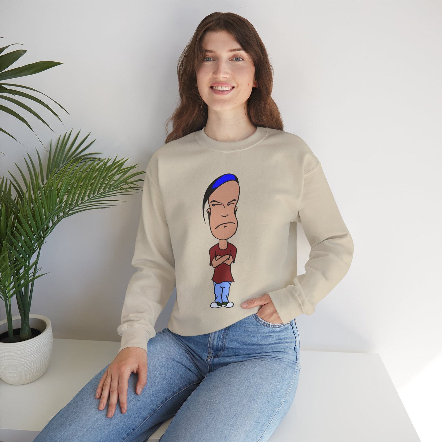 Smug Cartoon Graphic Crewneck Sweatshirt for Casual Style