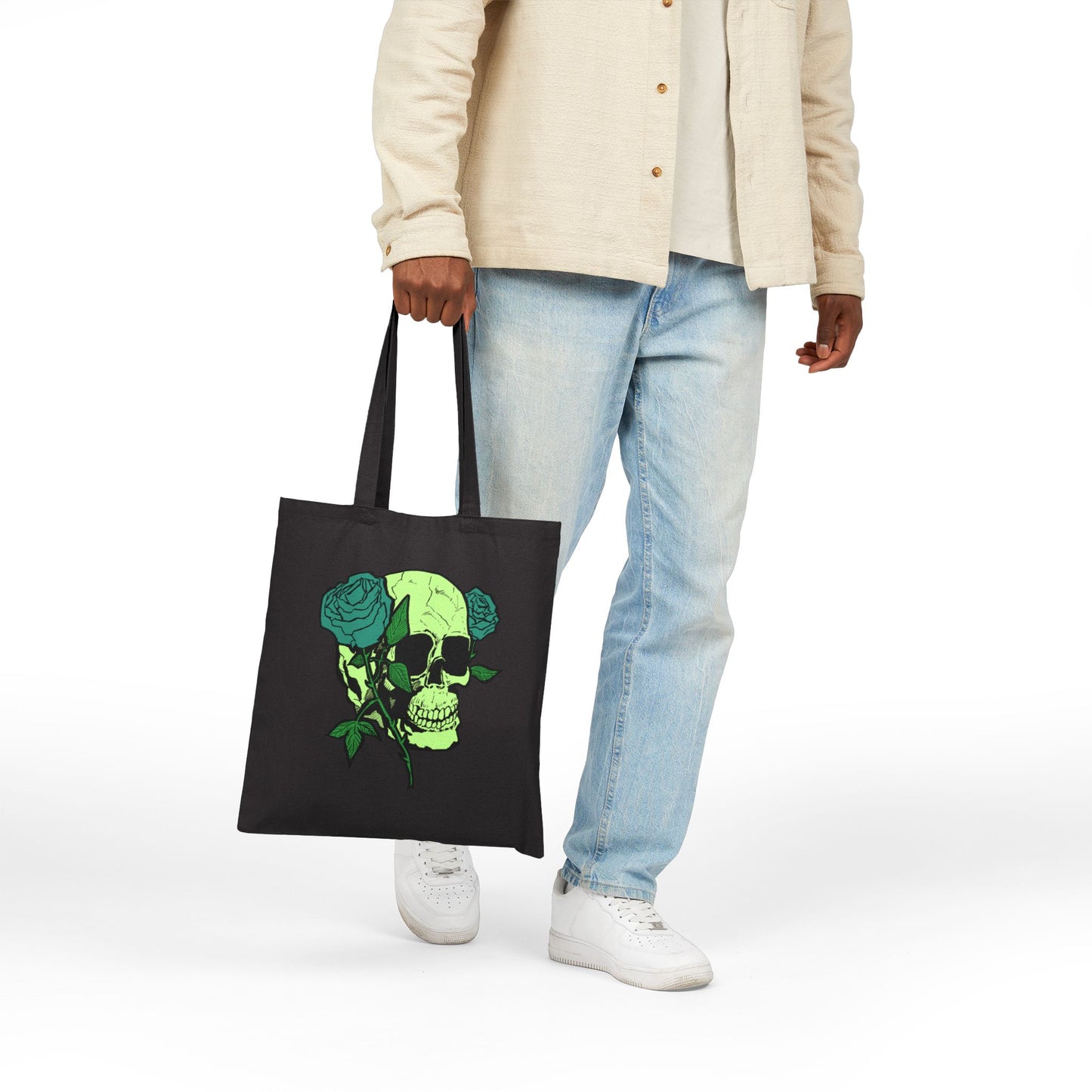 Green Skull & Roses Cotton Canvas Tote — Gothic Floral Reusable Bag