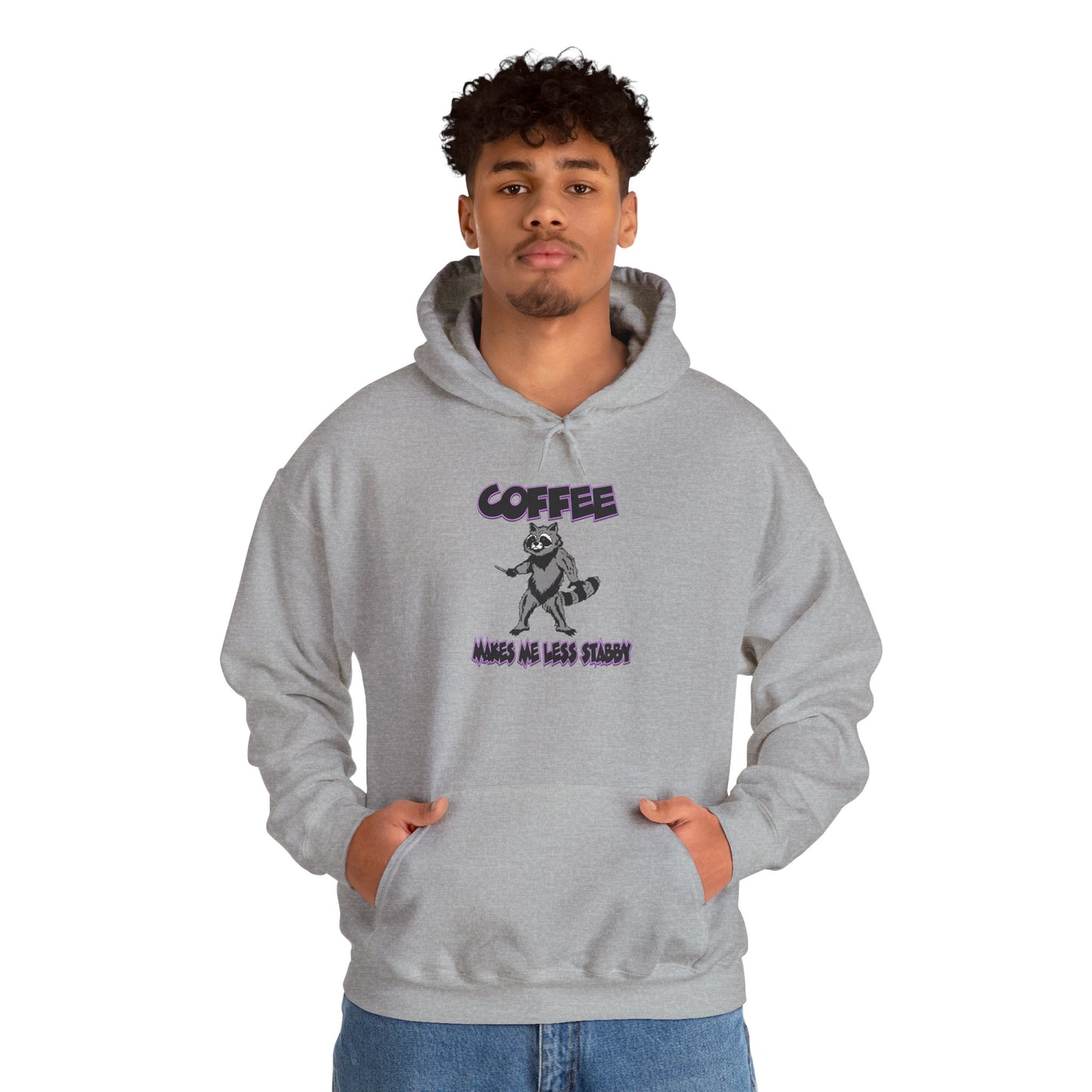 Coffee Makes Me Less Stabby Themed Unisex Hoodie with Fun Raccoon Design, Perfect for Coffee Lovers, Gift for Birthdays, Chill Days, Cozy Sweater