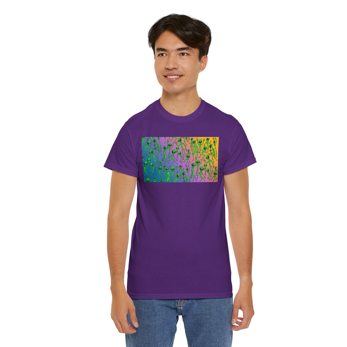 Alien Dance Party Gradient Tee — Colorful Psychedelic Green Aliens Art T-Shirt