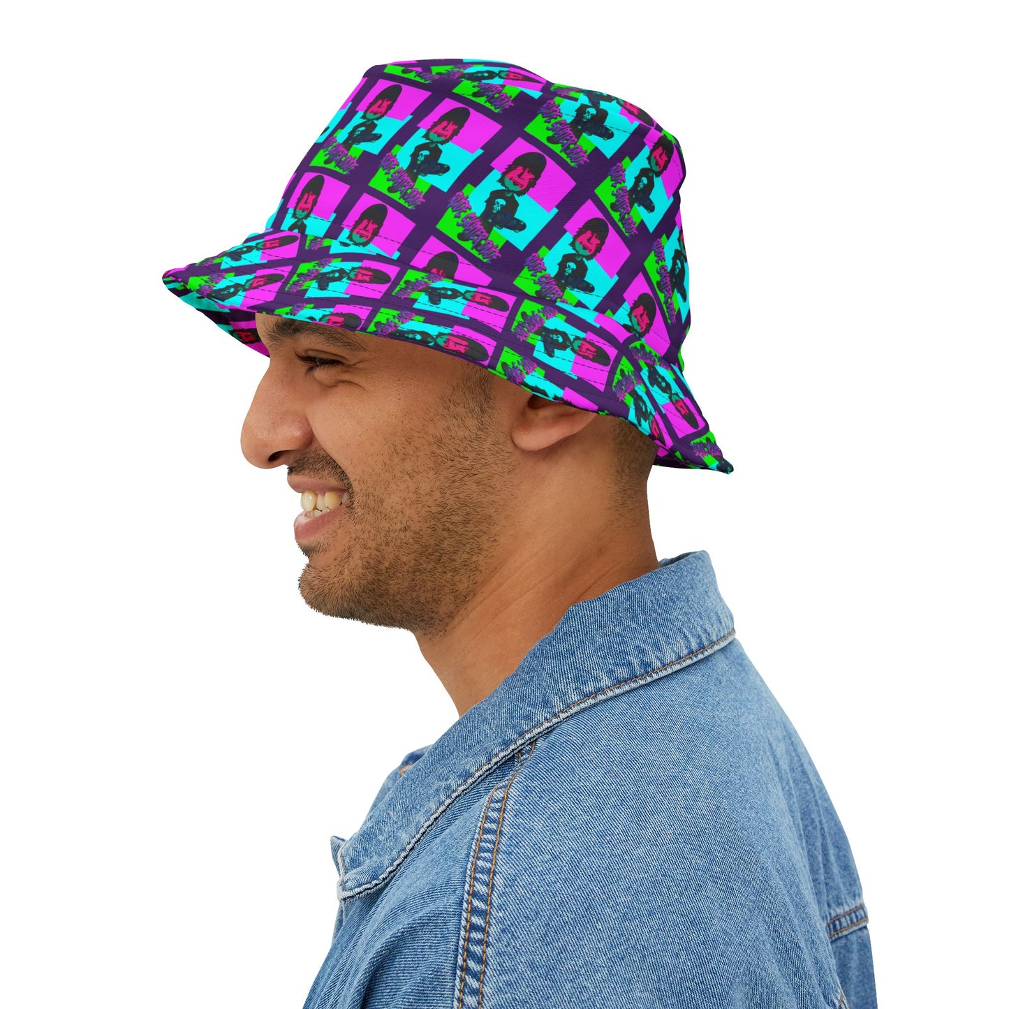 Rude Skater Dude Bucket Hat — Neon Pop Checkerboard Pattern