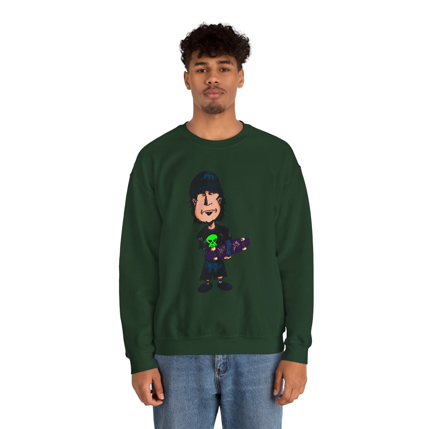 Rude Skater Dude - Cartoon Skate Punk Crewneck Sweatshirt — Retro Skateboard Character Graphic