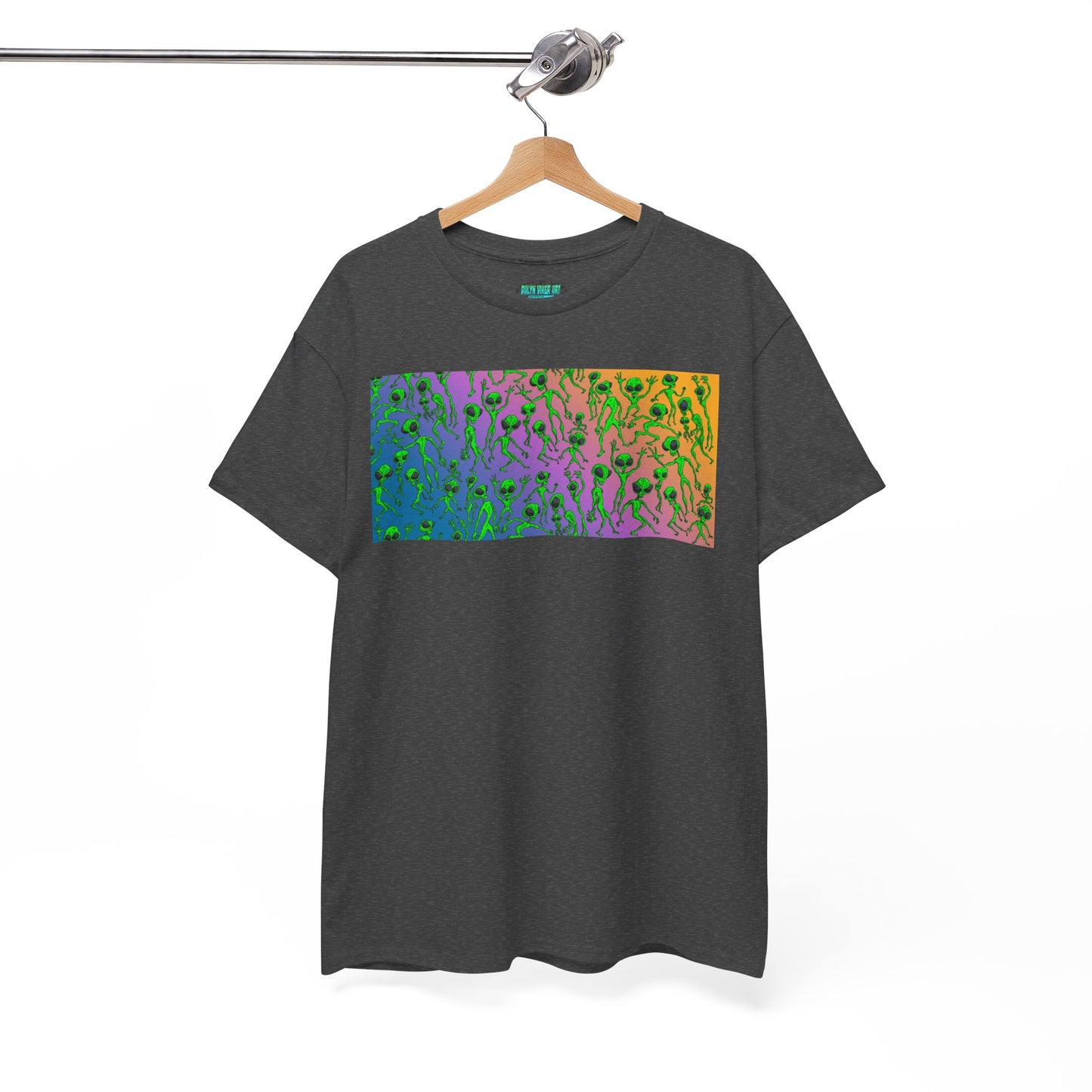 Alien Dance Party Gradient Tee — Colorful Psychedelic Green Aliens Art T-Shirt