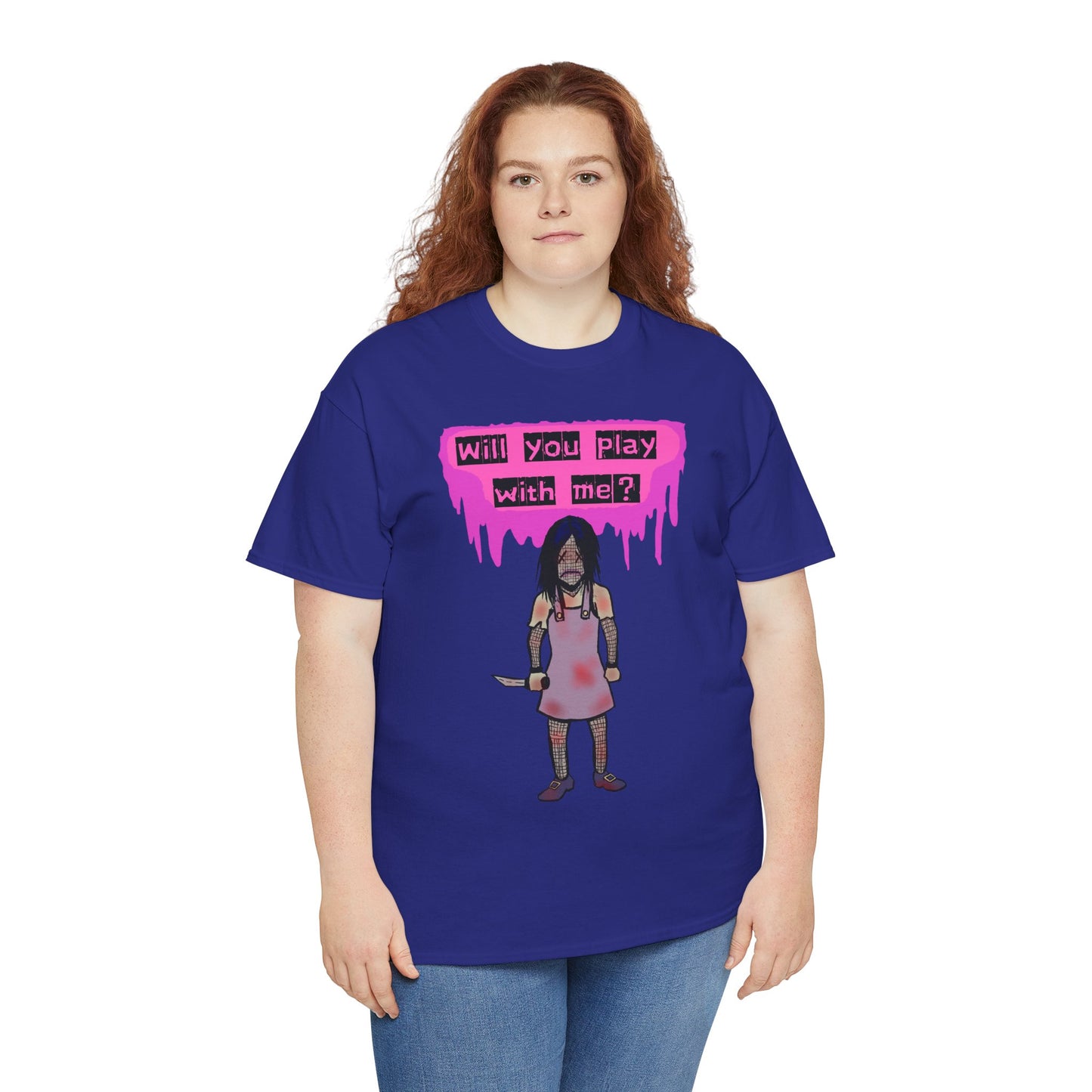 Playful Evil Doll Horror Graphic Tee, Unisex Heavy Cotton Shirt, Casual Wear, Unique Gift, Halloween Costume, Quirky Fashion