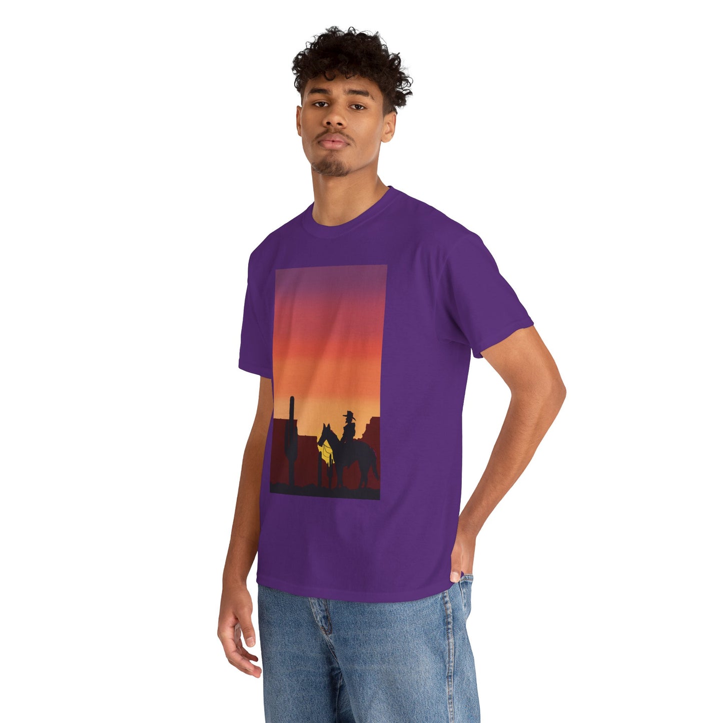 Sunset Cowboy Unisex Heavy Cotton Tee - Western Graphic Tee for Nature Lovers