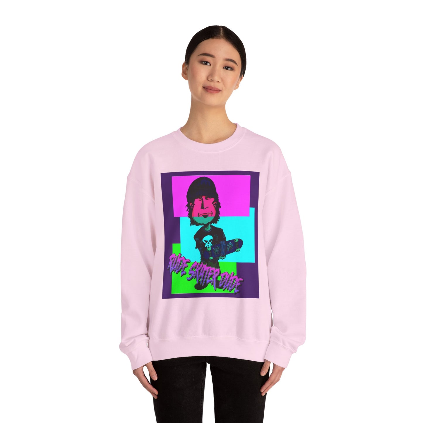 Crewneck Sweatshirt — Retro Neon Skate Punk "Rude Skater Dude" Graphic