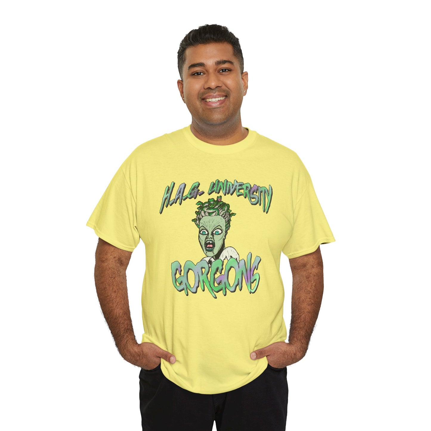 H.A.G. University Gorgons Unisex Heavy Cotton Tee - Spooky & Fun Graphic T-Shirt