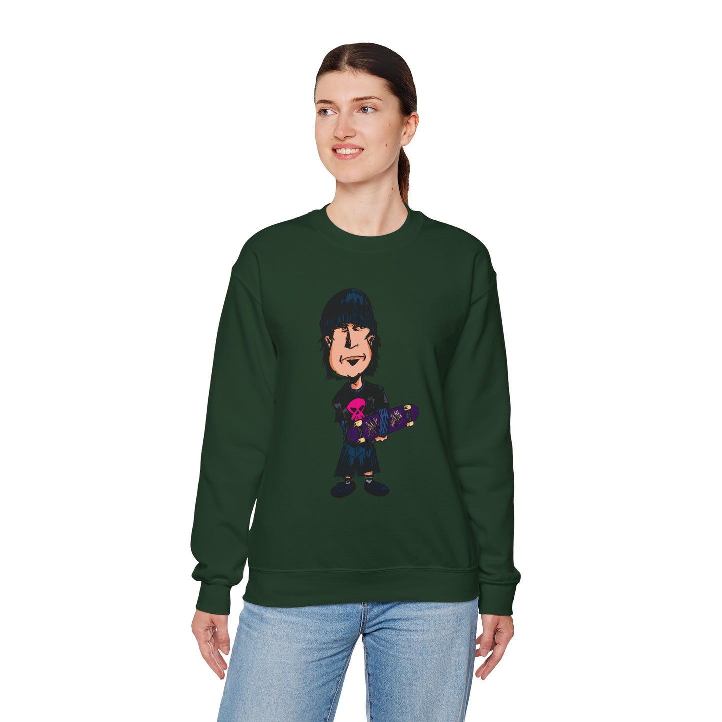 Rude Skater Dude - Skate Punk - Cartoon Skater Crewneck Sweatshirt – Cute Skateboarder Graphic Pullover