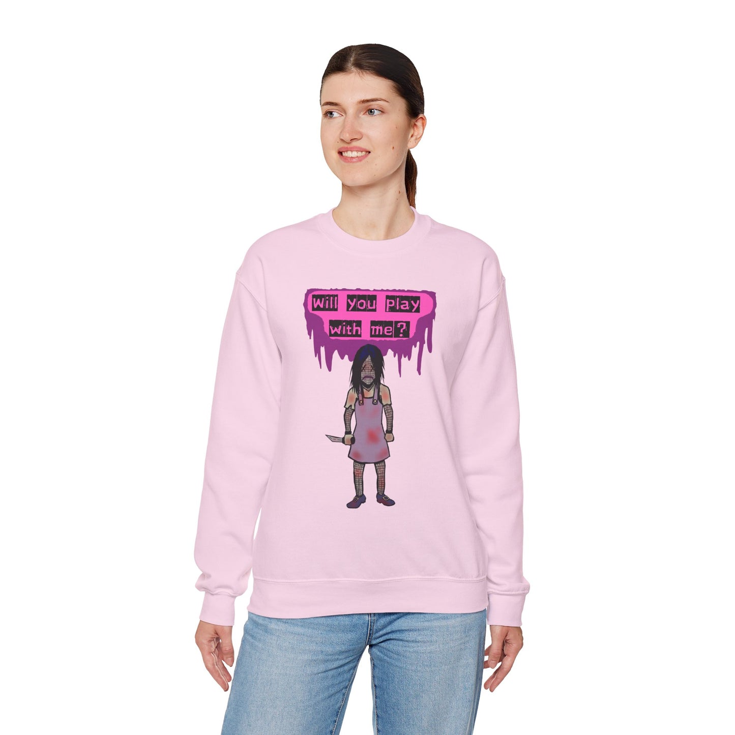 Evil Doll GHOSTLY VINTAGE UNISEX CREWNECK SWEATSHIRT - "Will You Play With Me?"