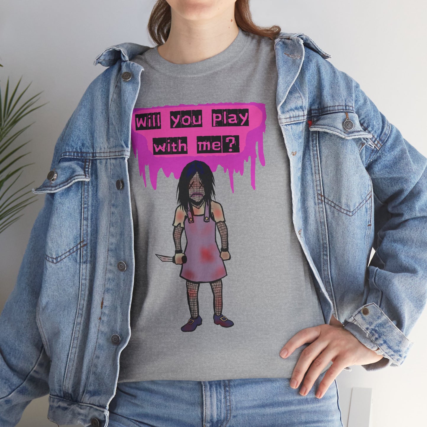 Playful Evil Doll Horror Graphic Tee, Unisex Heavy Cotton Shirt, Casual Wear, Unique Gift, Halloween Costume, Quirky Fashion